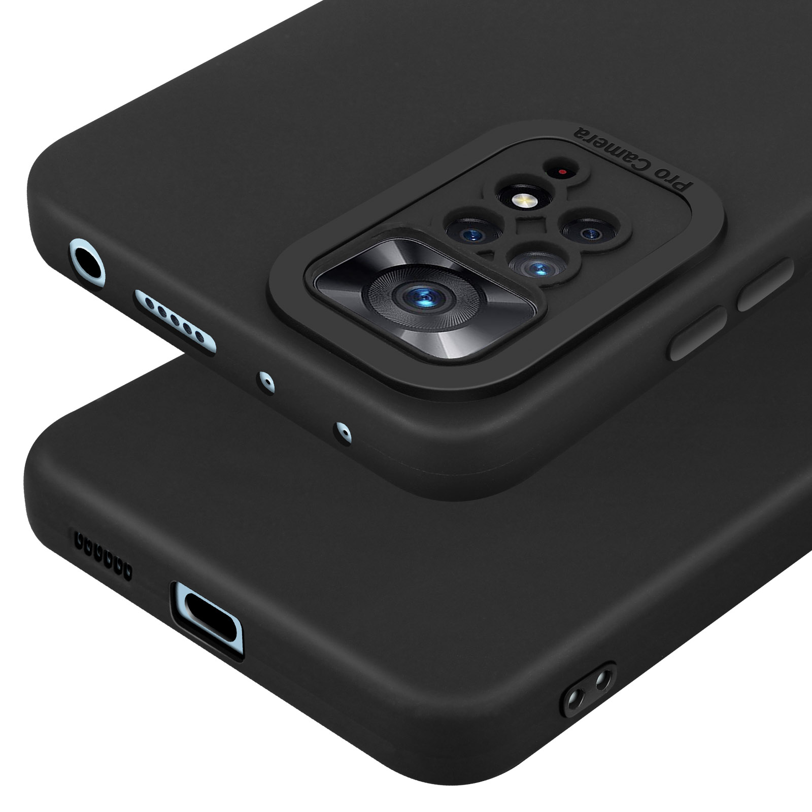 Coque de téléphone noire avec configuration quadruple caméra.