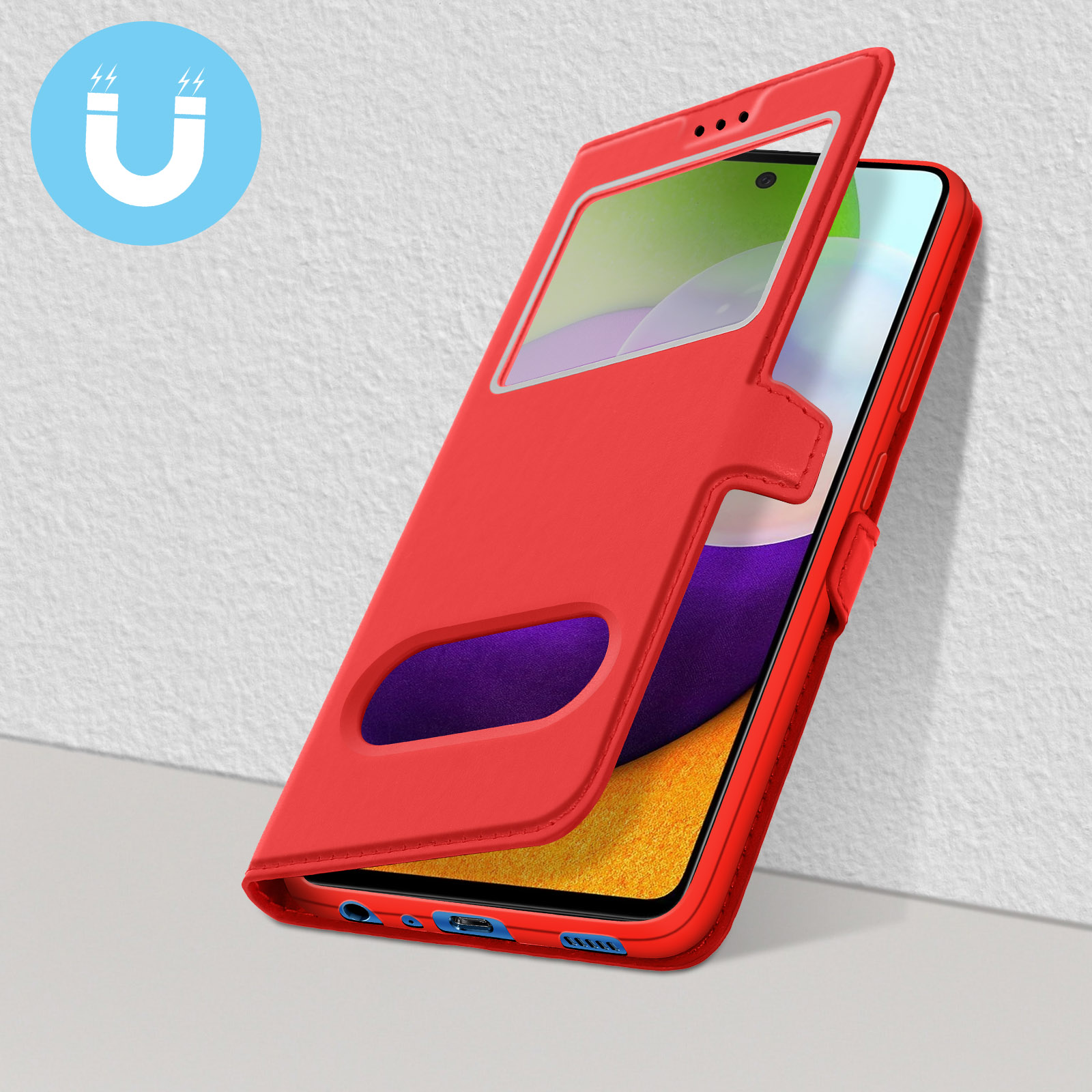 Custodia rossa per telefono con finestra e icona magnete.