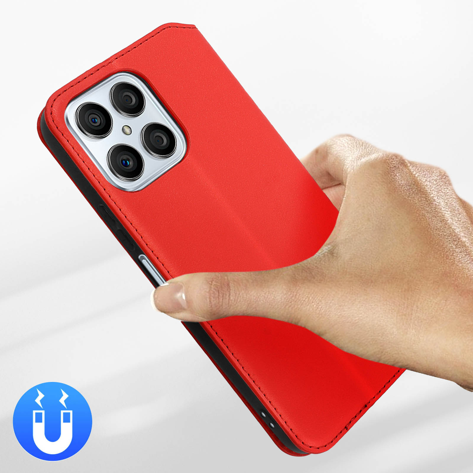 Une main tient un étui de téléphone rouge à quatre caméras. Icône aimant.