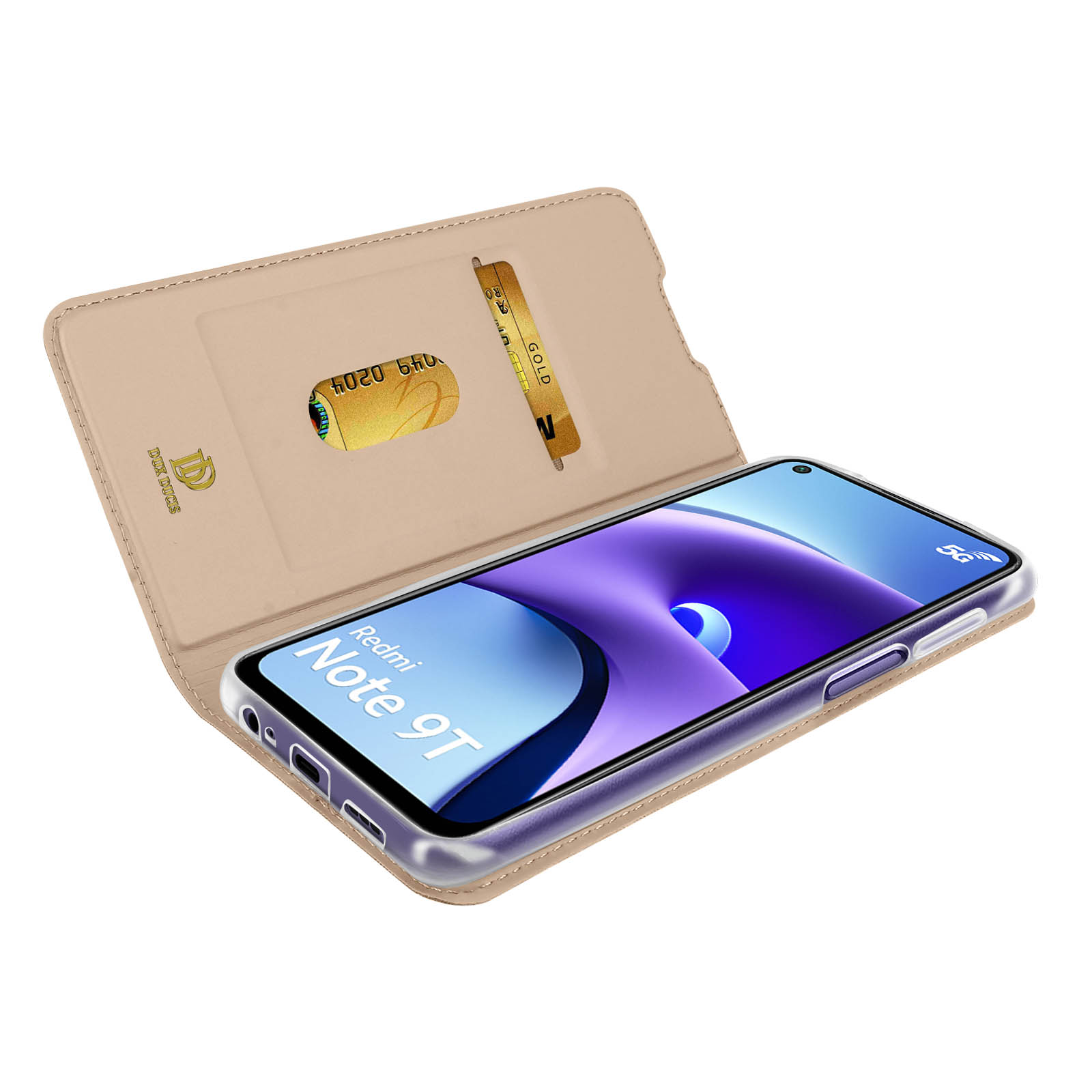 Una custodia per telefono beige con slot per carte e uno smartphone Redmi Note 9T.