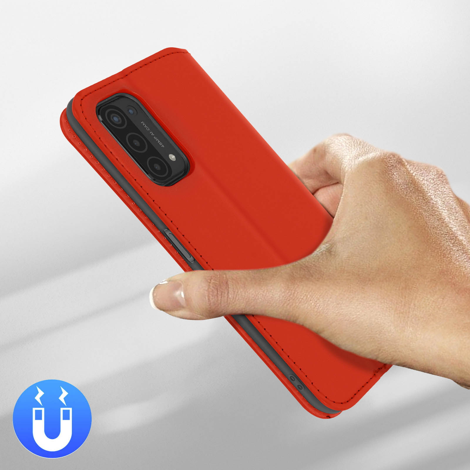 Rode telefoonhoes met magneeticoon, vastgehouden door een hand.