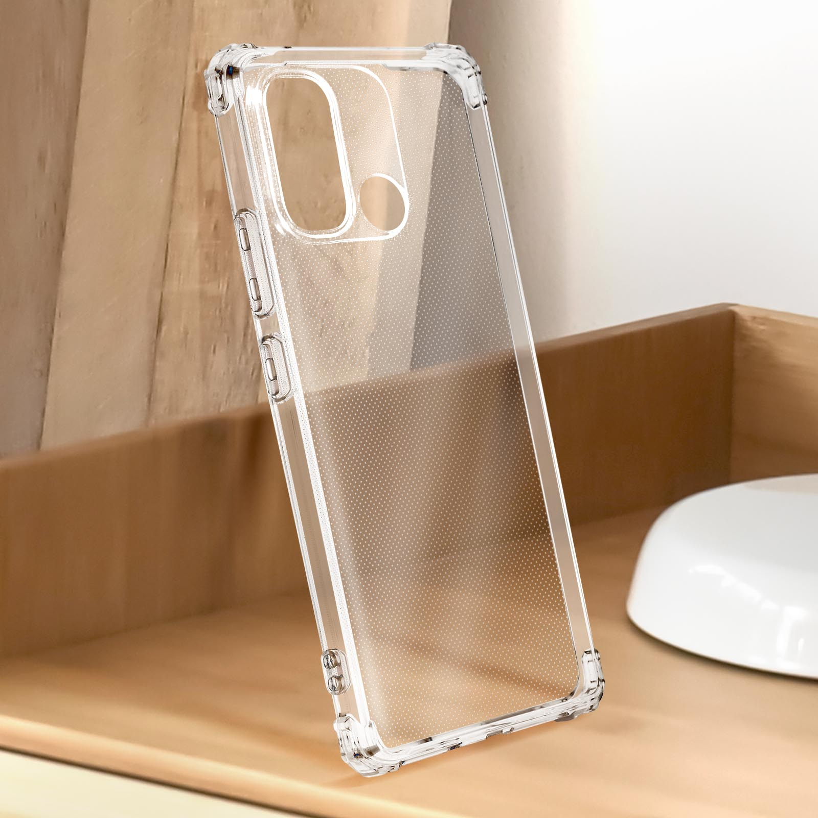 Coque de téléphone transparente à motif de points sur bois.