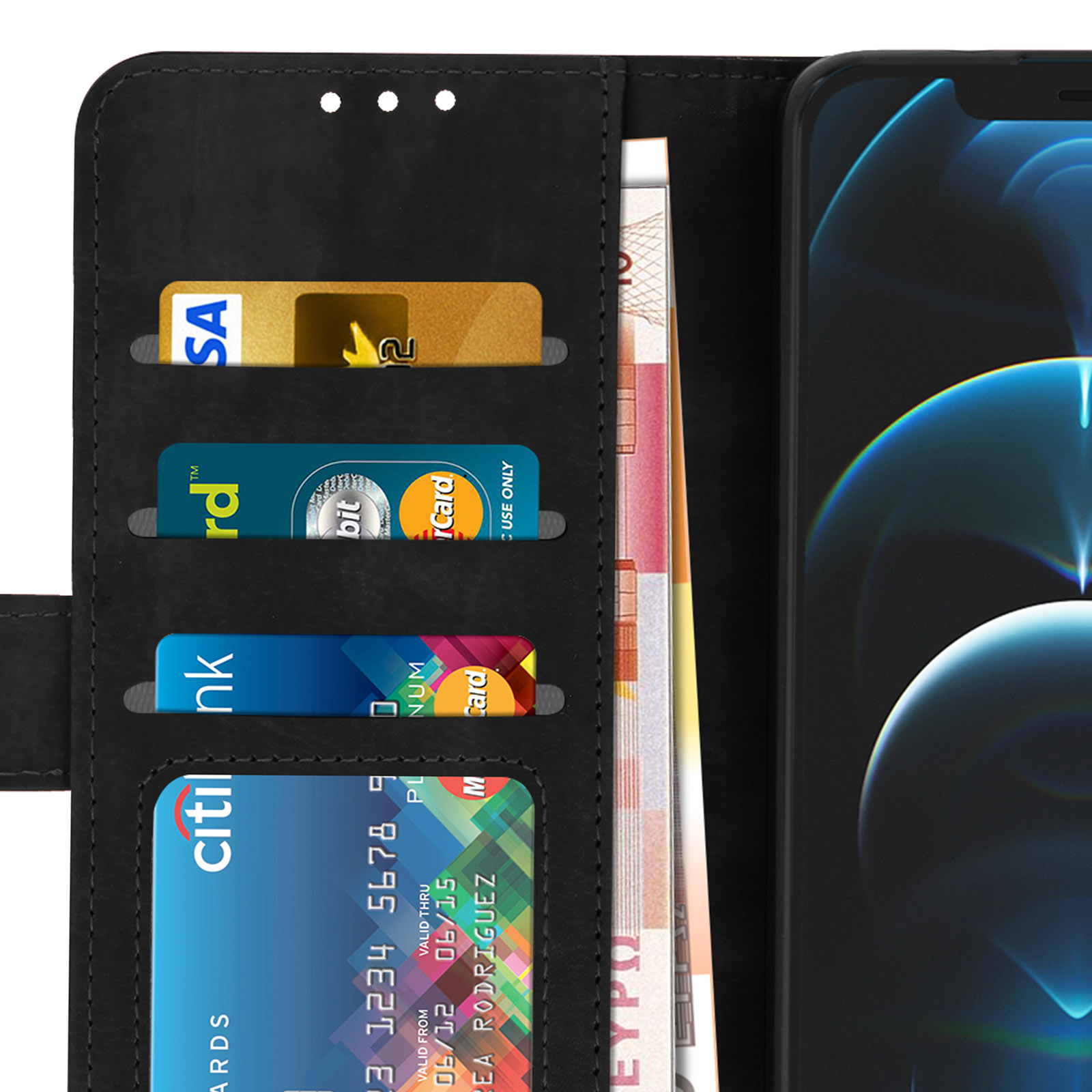Portefeuille noir avec cartes de crédit et billets, à côté d'un smartphone.