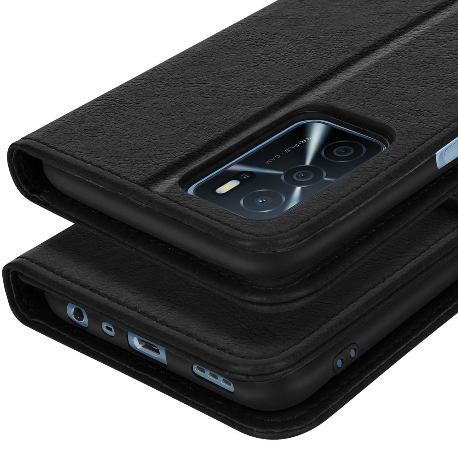 Étui à rabat en cuir noir pour smartphone avec triple appareil photo.
