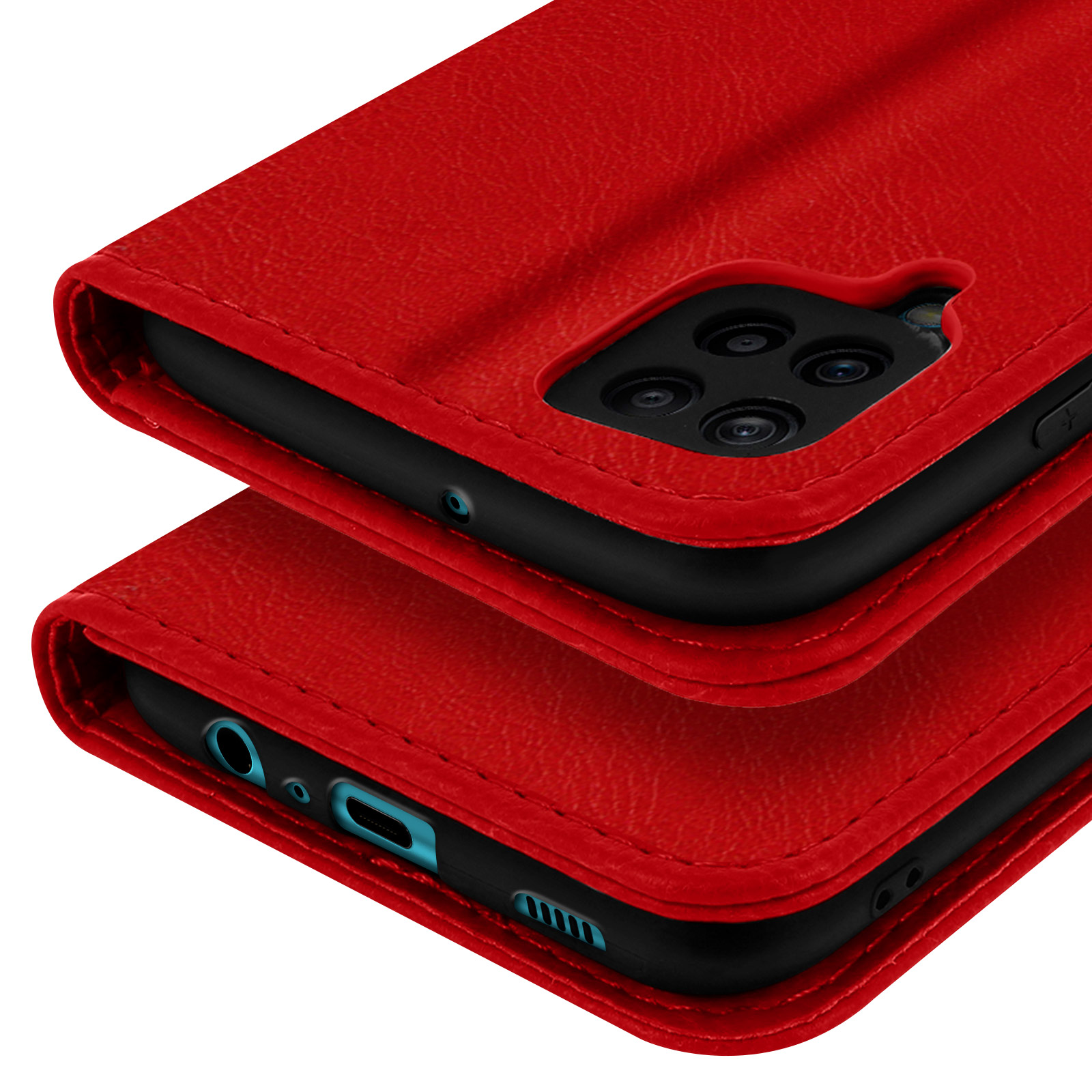 Étui rouge en cuir pour téléphone avec découpe caméra et ports de charge.