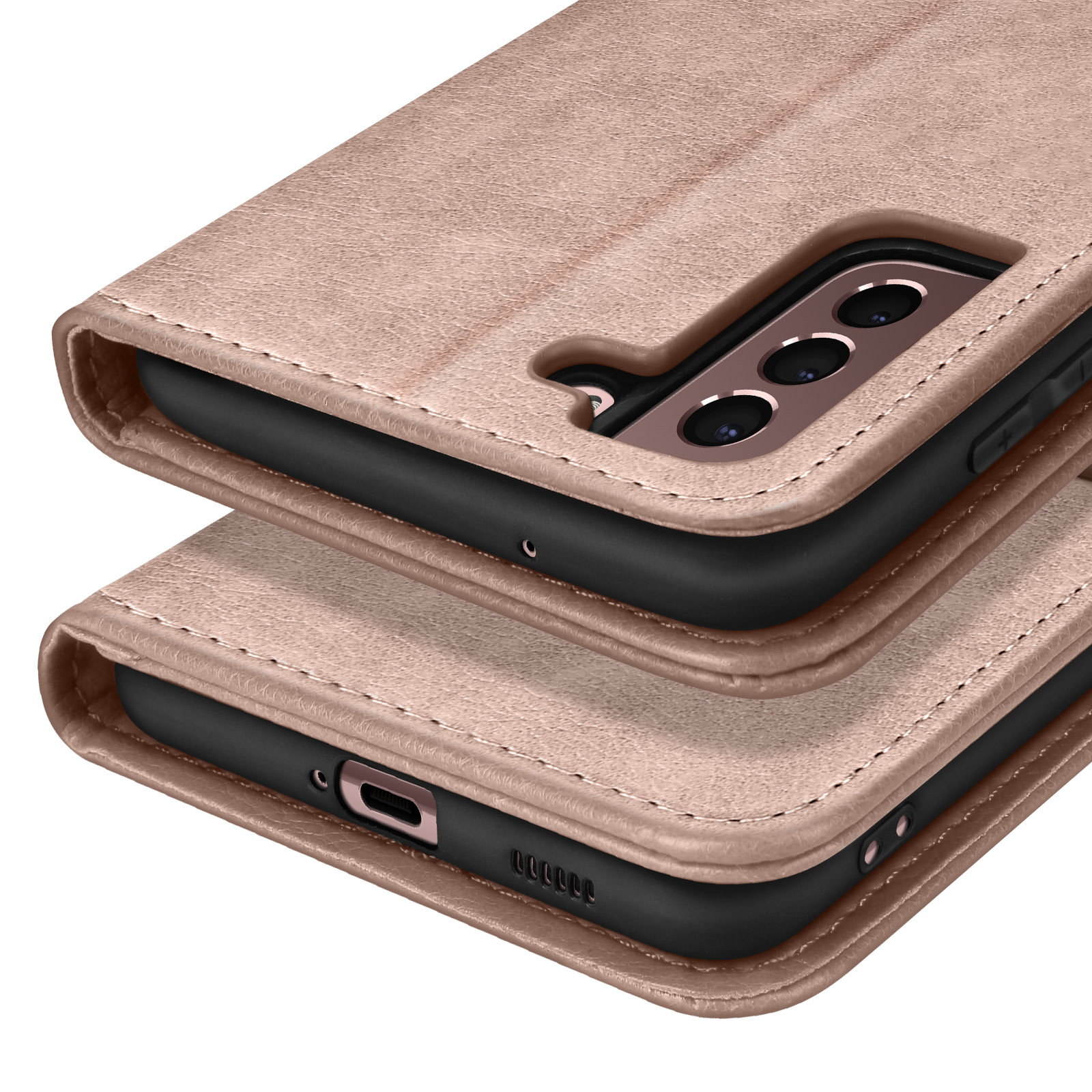 Un étui de téléphone rose doré avec trois caméras et port de charge.