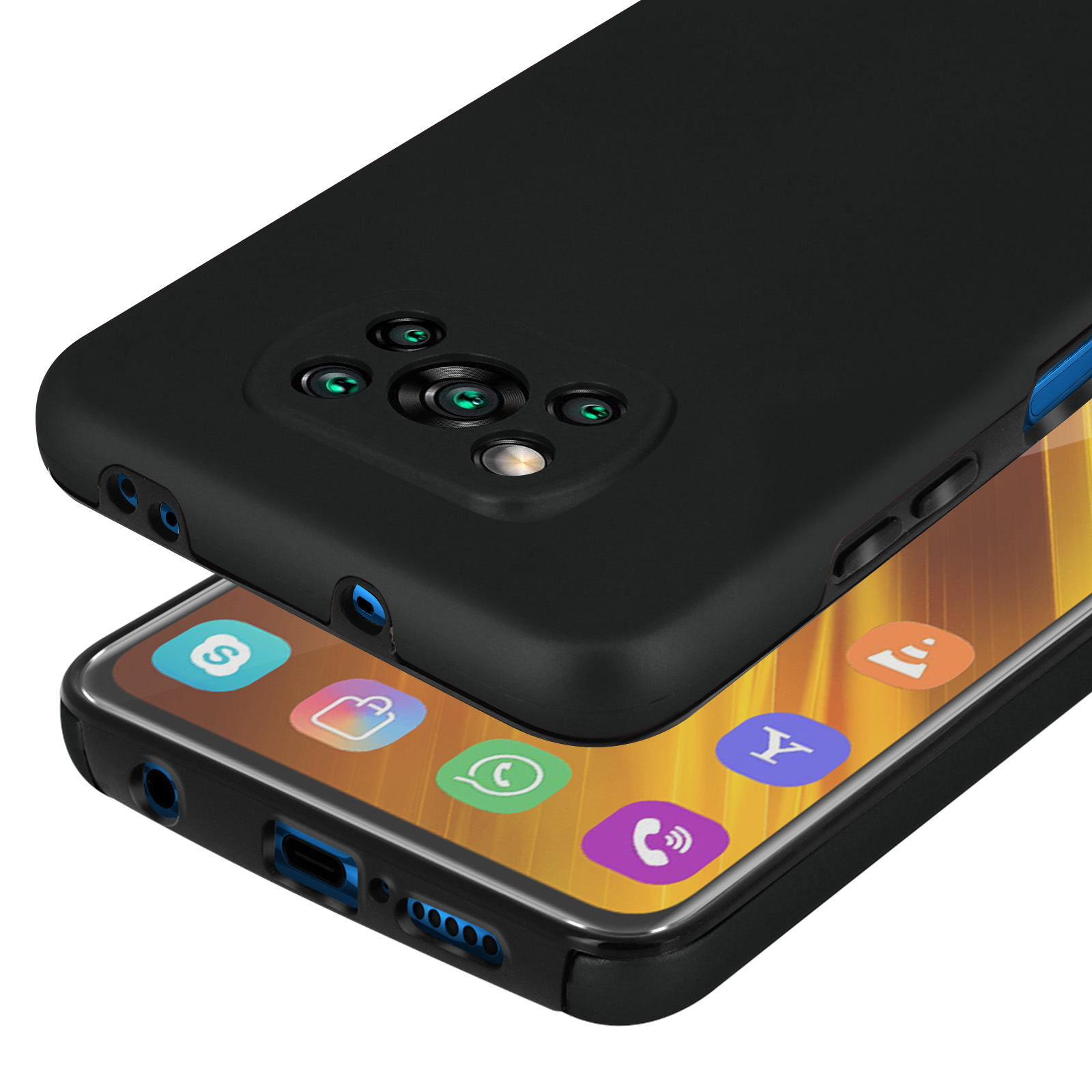 Telefono nero con quattro fotocamere e accenti blu sullo schermo.