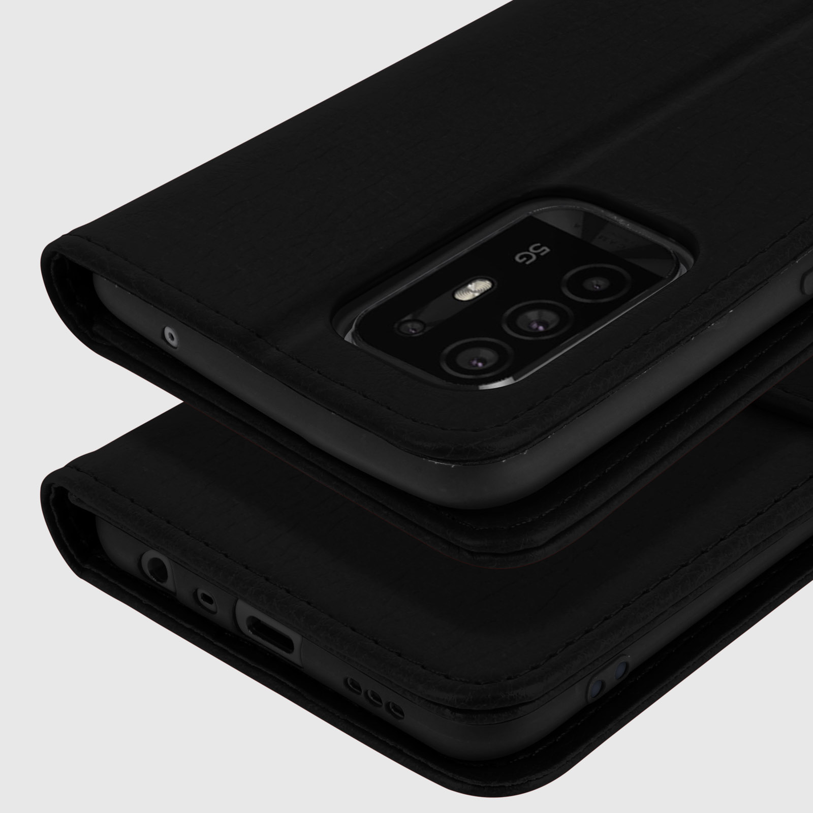 Een zwarte telefoon in een zwarte hoes met zichtbare camera en 5G-logo.
