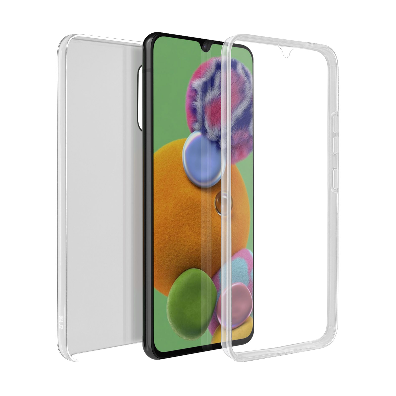 Uno smartphone con custodia e grafica di sfondo colorata.