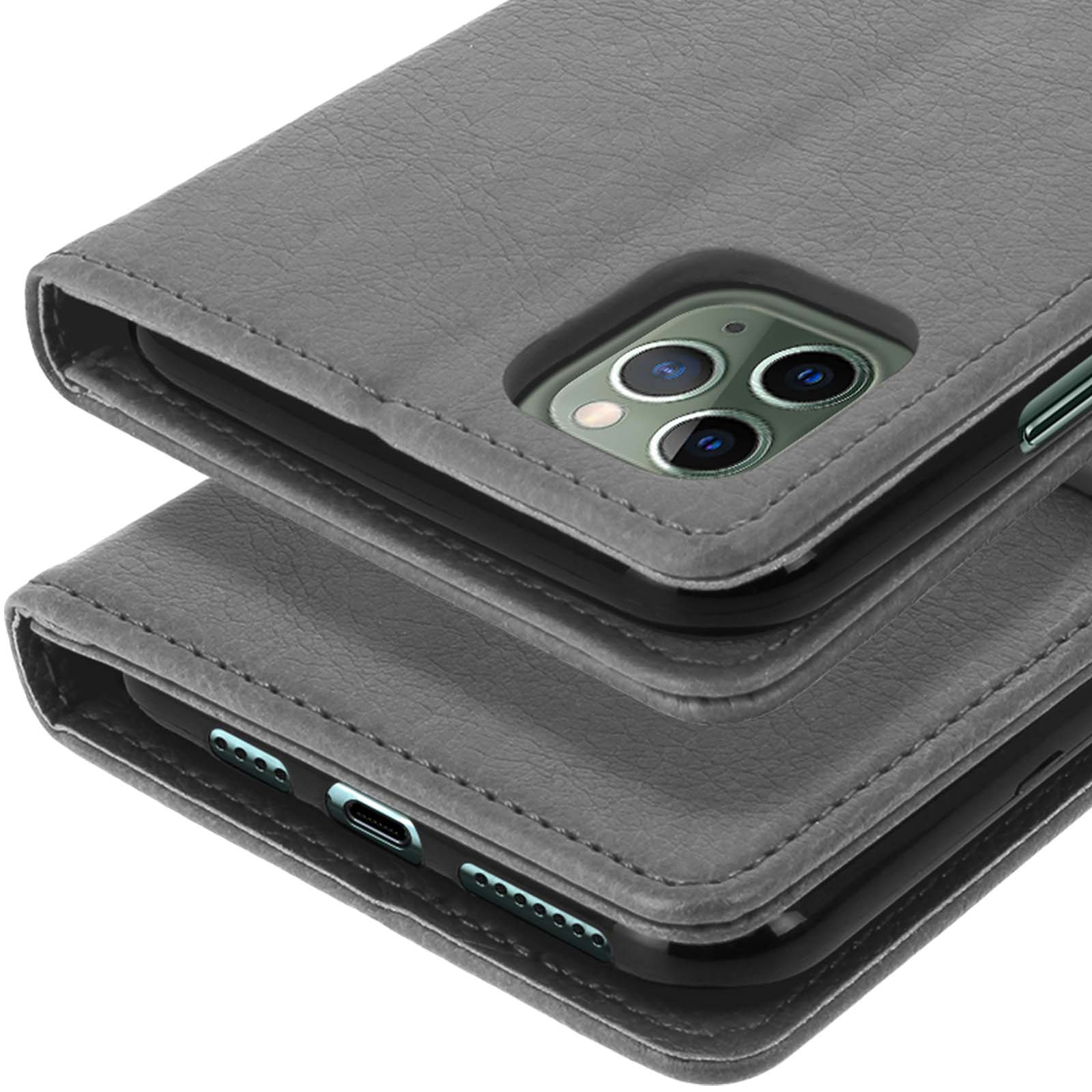 Grijze leren flip case voor smartphone, met cameralens en poorten.