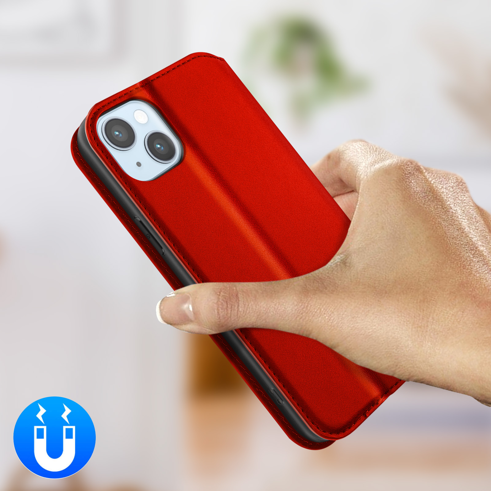 Rode telefoonhoes met twee camera's en een magneeticoon.