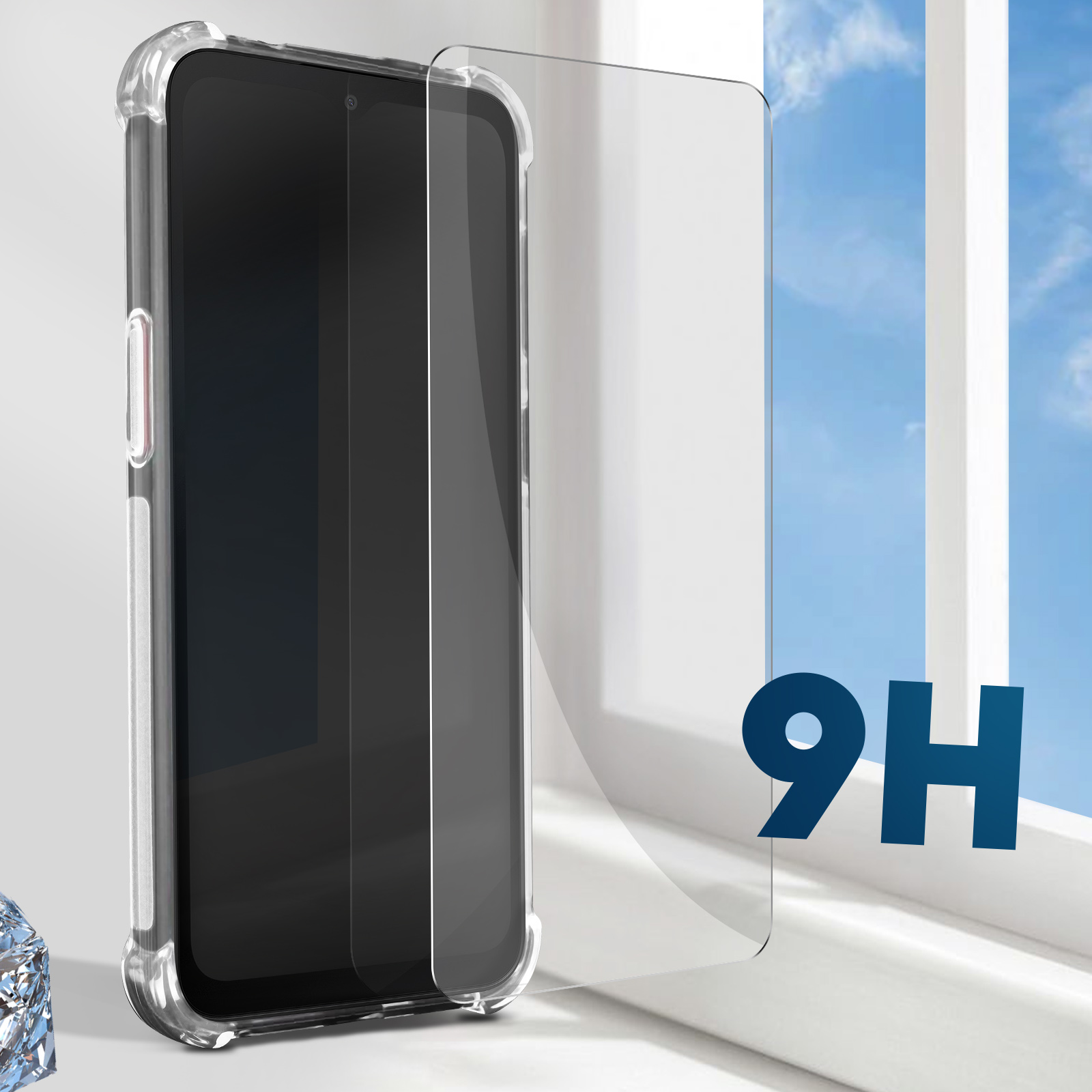 Een smartphone in hoes met screenprotector, tegen een heldere hemel.
