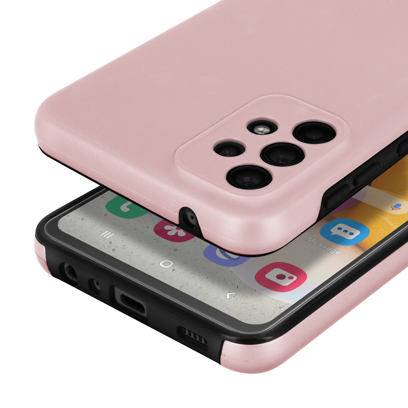 Une coque rose recouvre l'arrière et l'appareil photo d'un smartphone. L'écran est visible.
