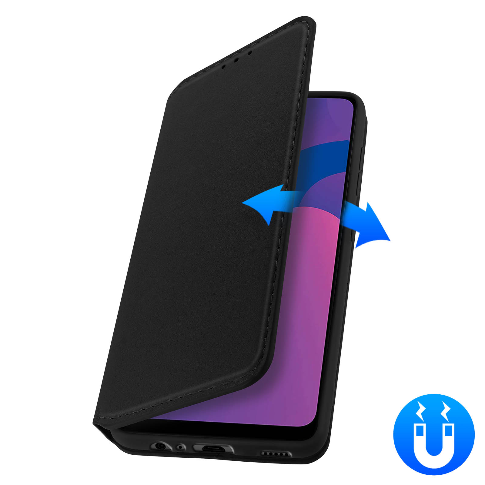 Custodia a libro nera per telefono con frecce blu che indicano chiusura magnetica.