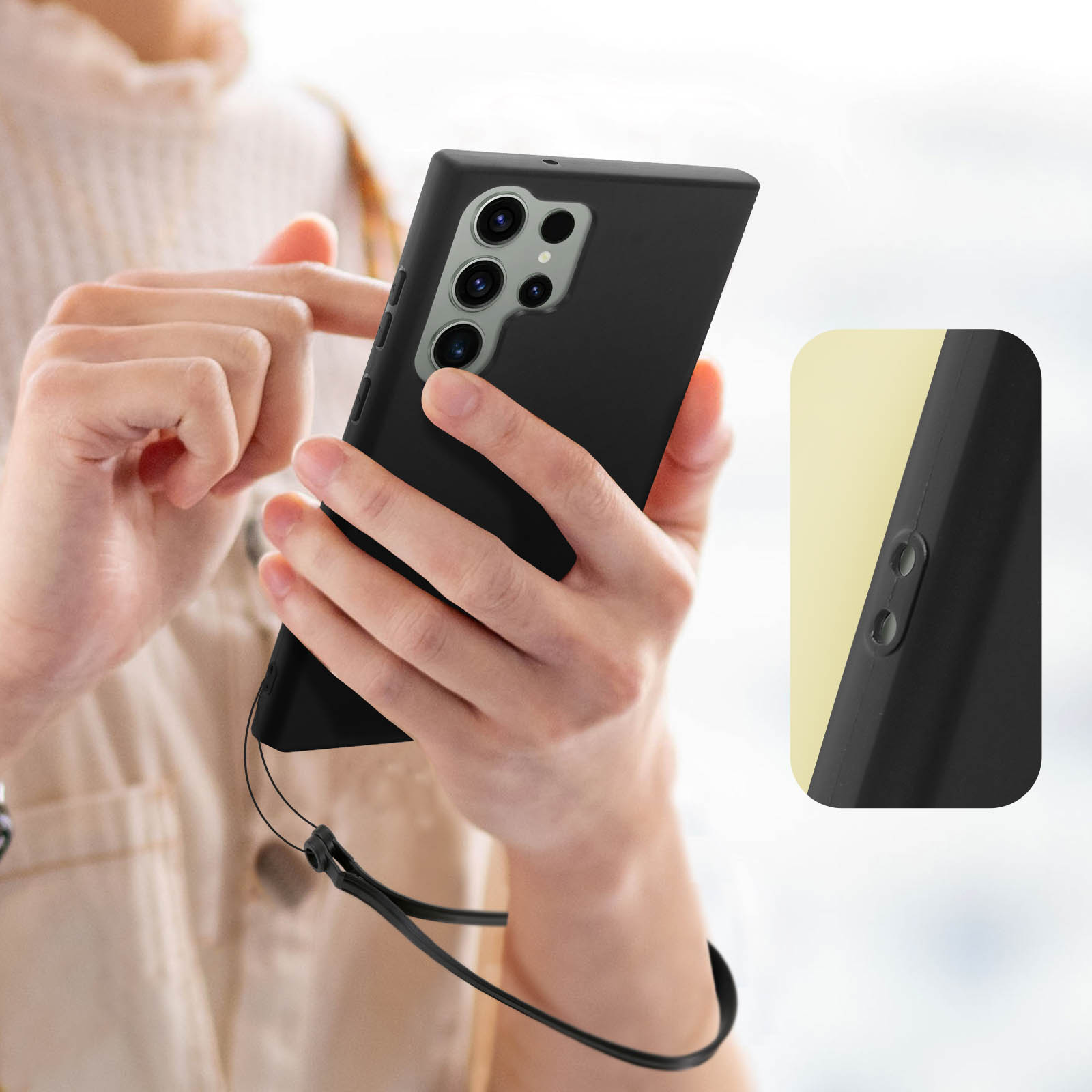 Personne tient un téléphone noir avec cordon. Gros plan sur les boutons.