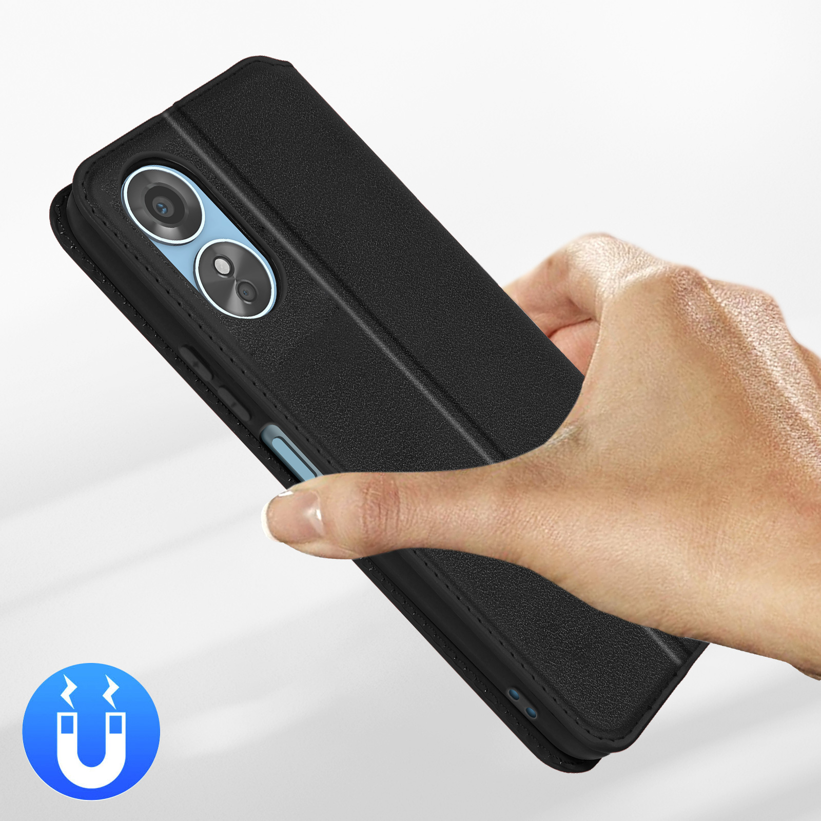 Een hand houdt een zwarte telefoonhoes vast met twee camera's aan de achterkant.