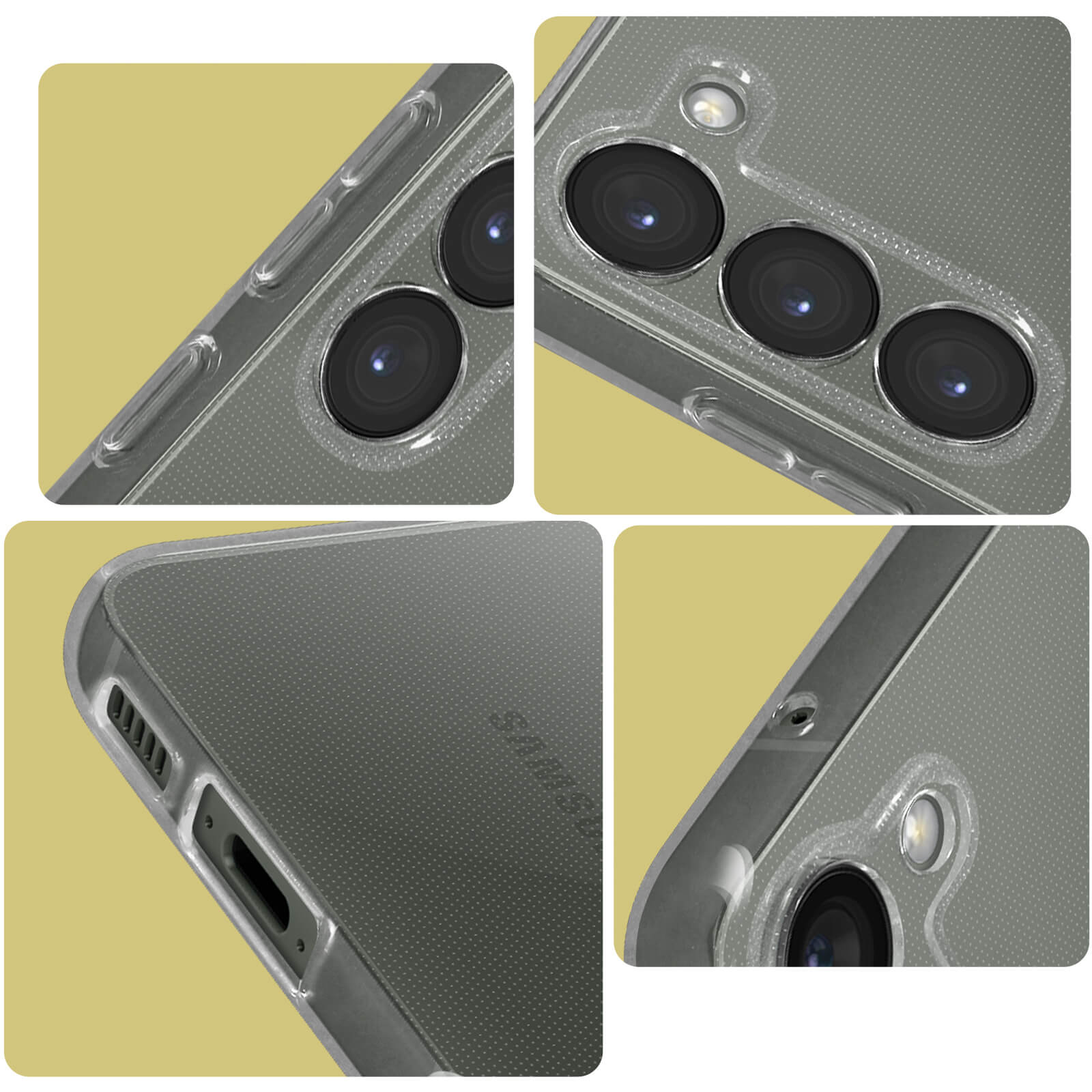 Close-up van een doorzichtige telefoonhoes met camera's, knoppen en oplaadpoort.