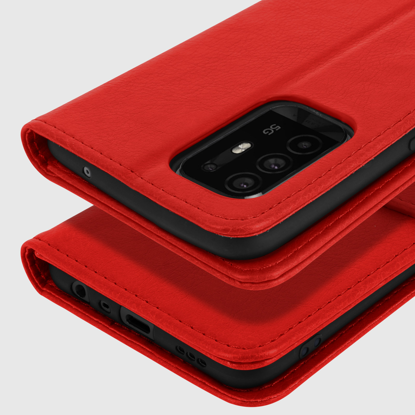 Rode leren telefoonhoes met camera-uitsparing en 5G-logo.