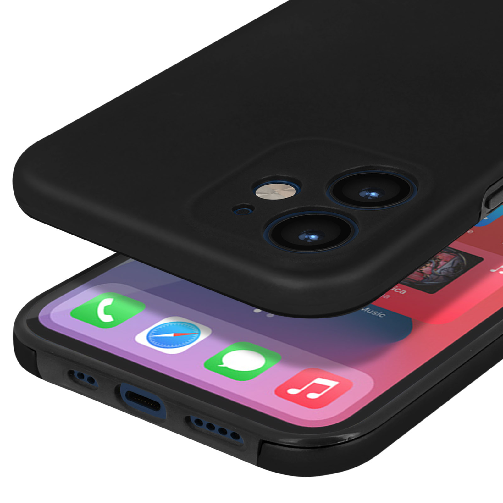 Een zwarte iPhone 14 Pro met een zwarte hoes, die het beginscherm toont.