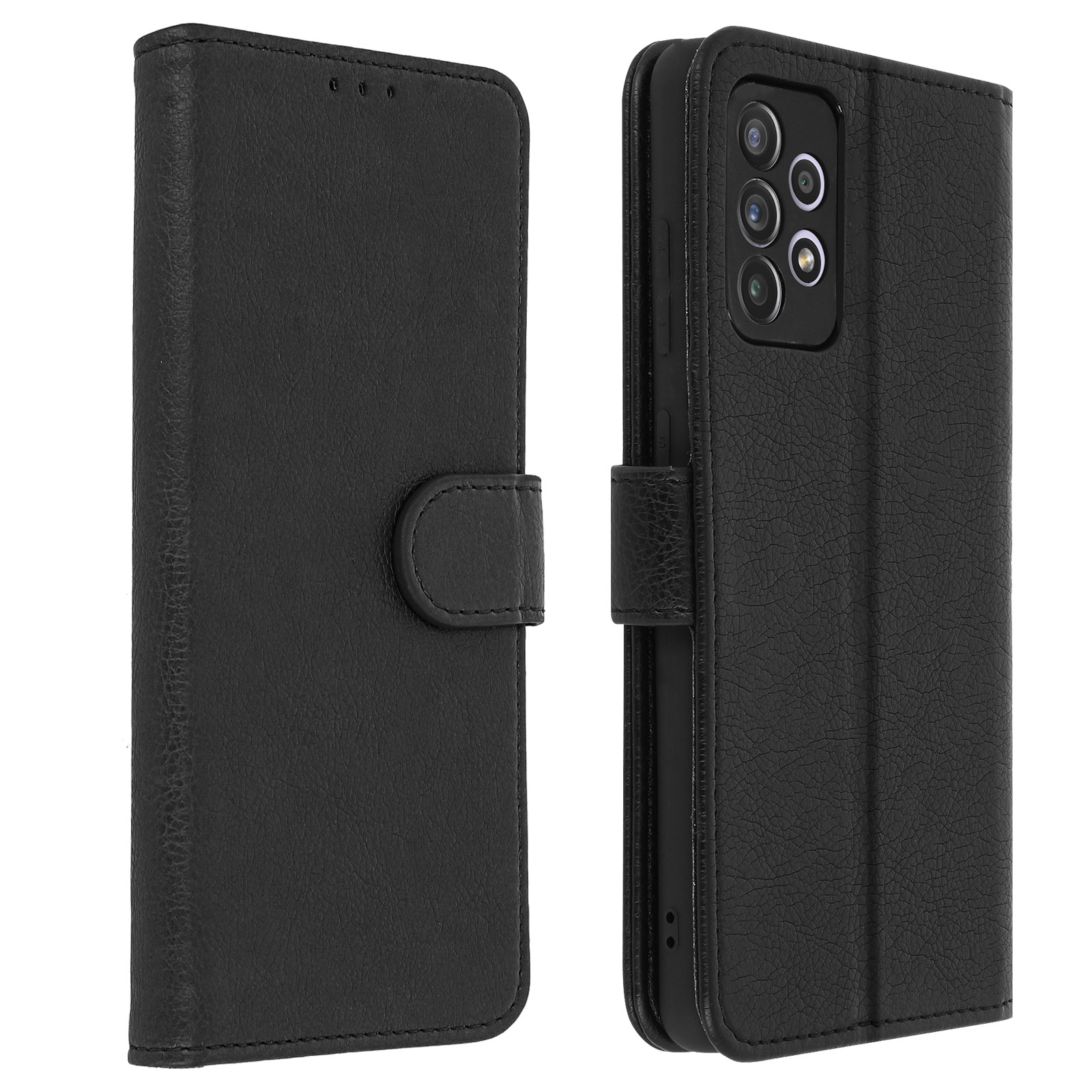 Étui de téléphone en cuir noir ouvert, montrant les caméras et la fermeture.