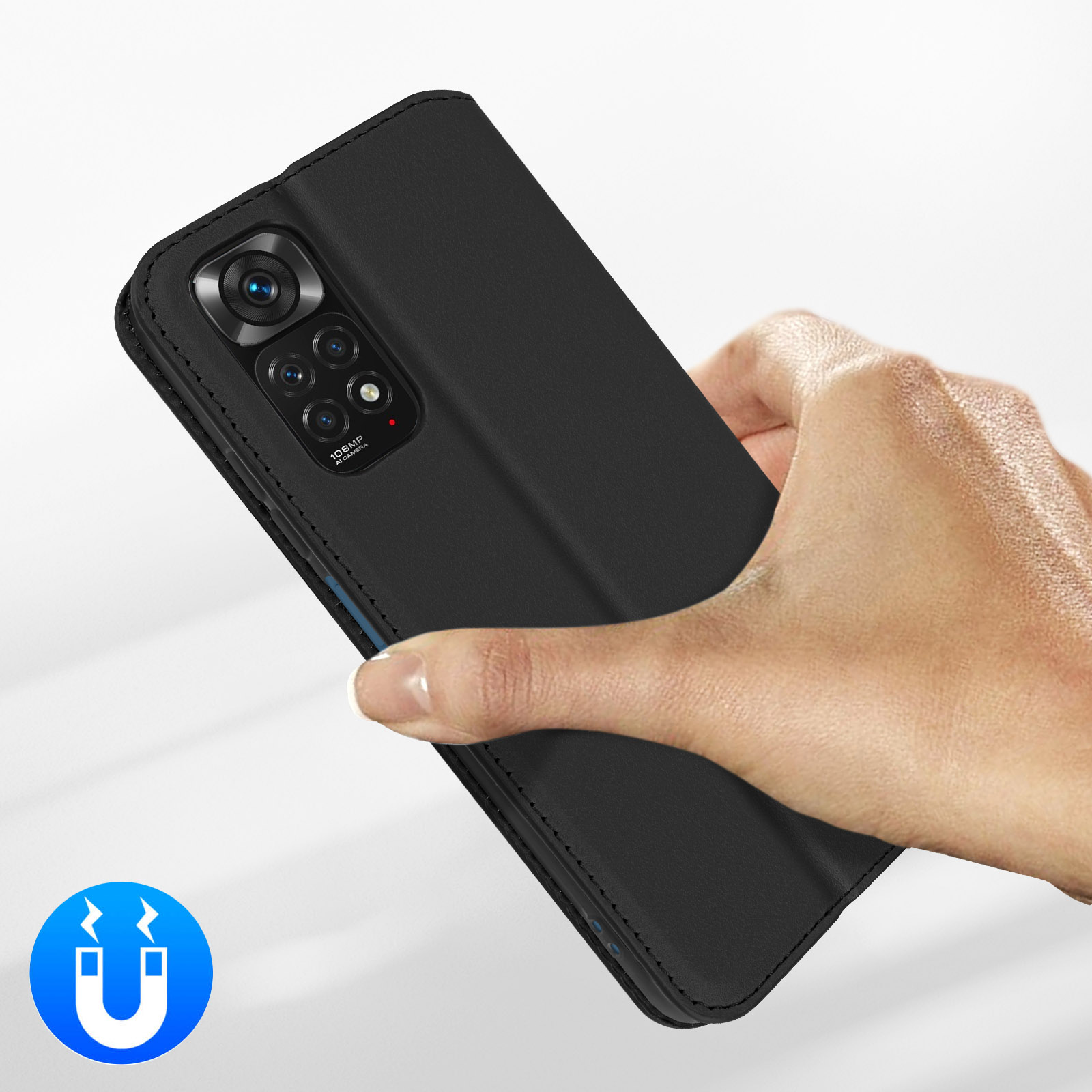 Une main tient un étui de téléphone noir avec un module caméra 108MP.