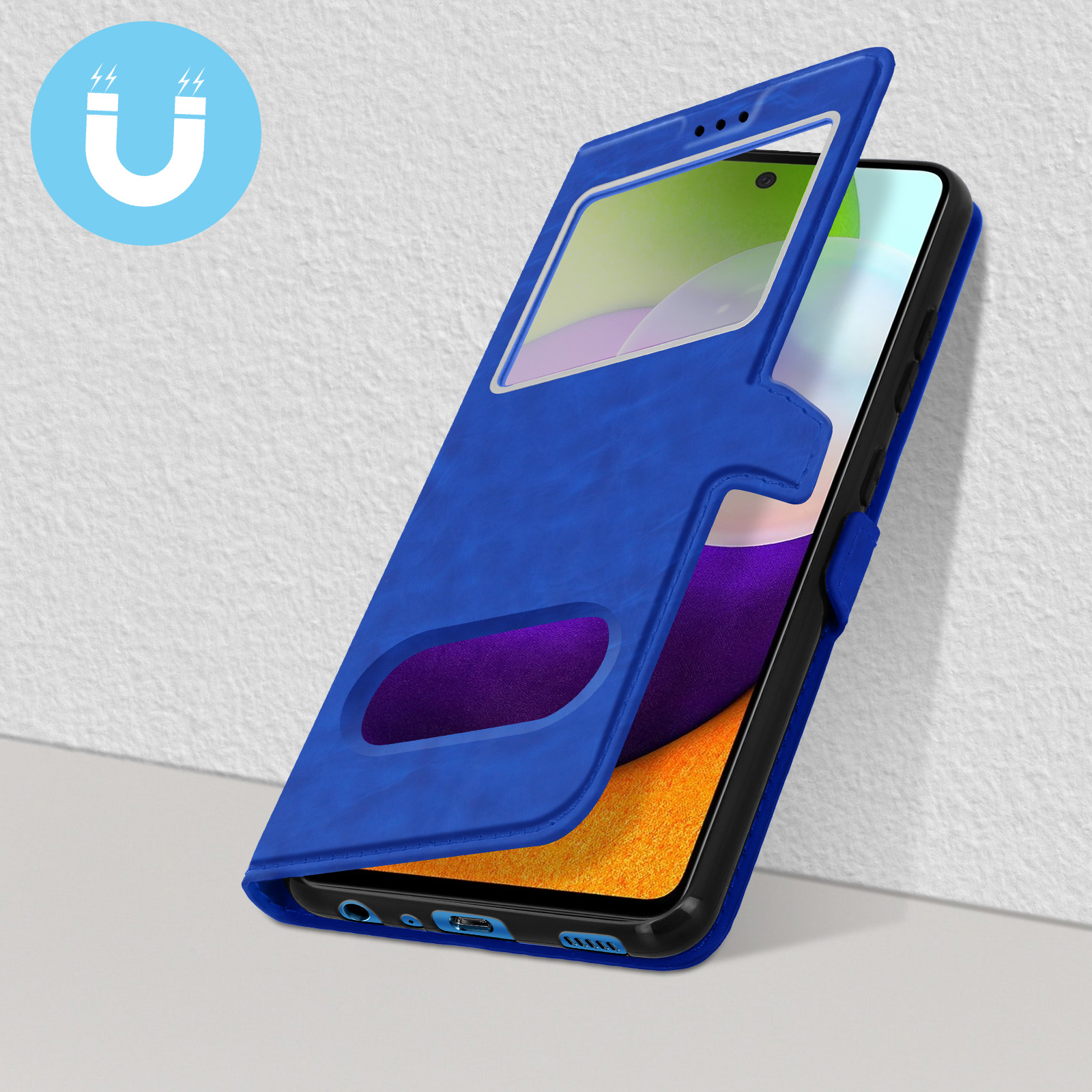 Custodia blu per telefono con finestra, chiusura magnetica e supporto.