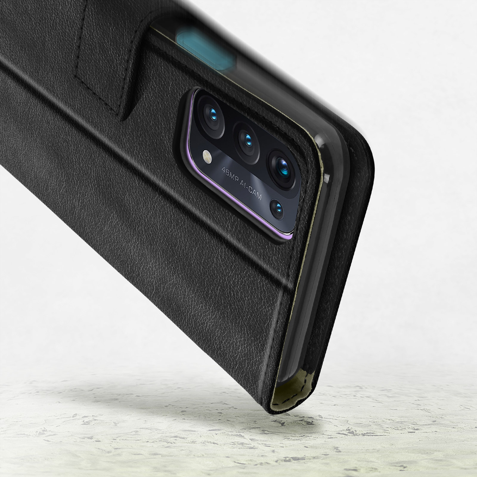 Étui noir en cuir pour téléphone avec appareil photo IA 48MP.
