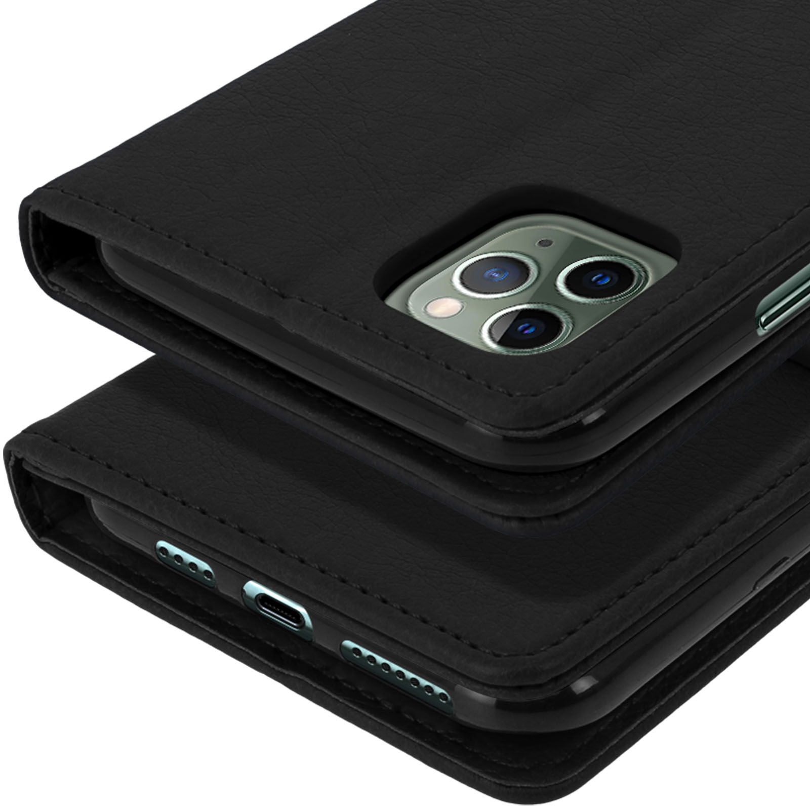 Étui à rabat en cuir noir pour smartphone avec trois caméras.