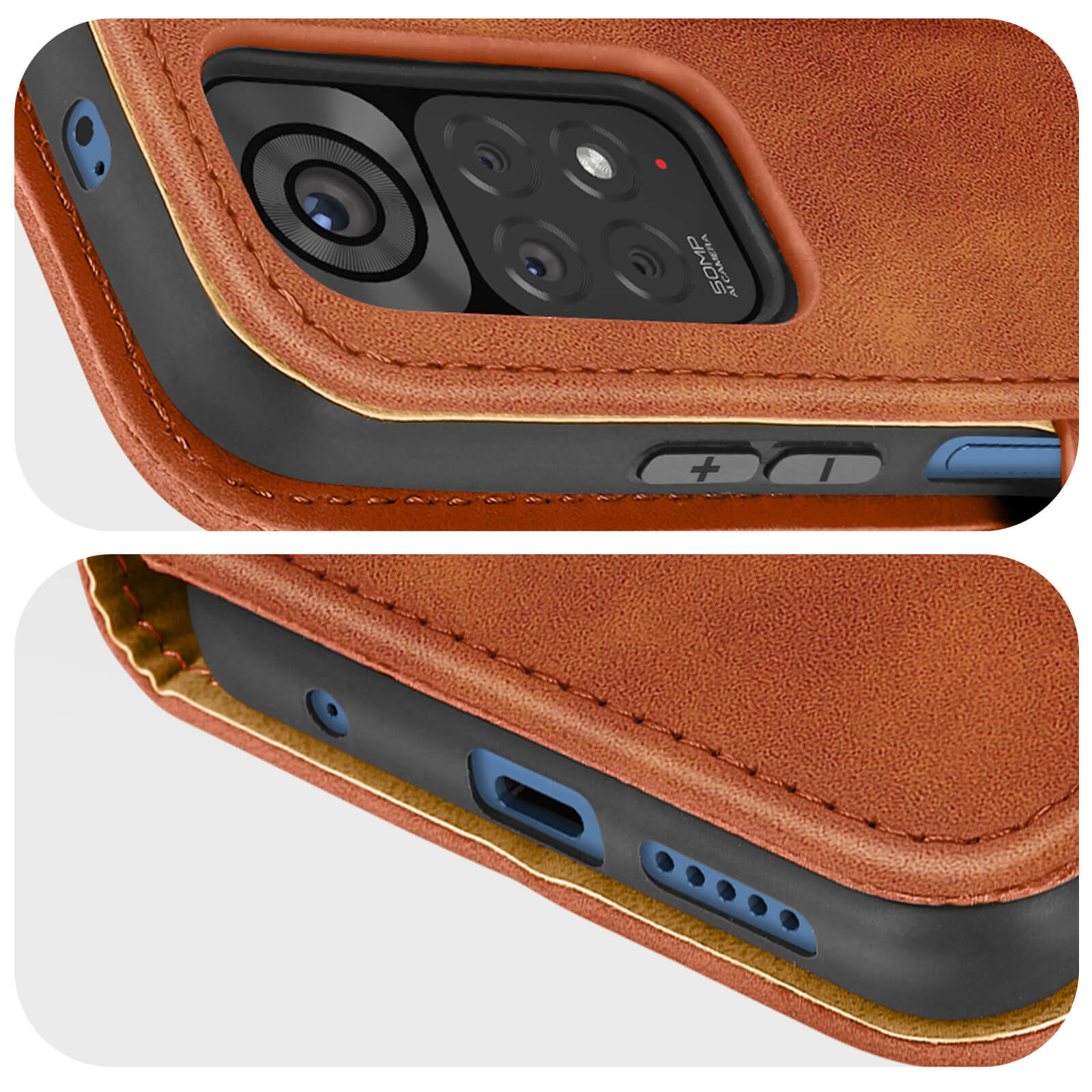 Étui de téléphone en cuir marron montrant le module caméra et boutons.