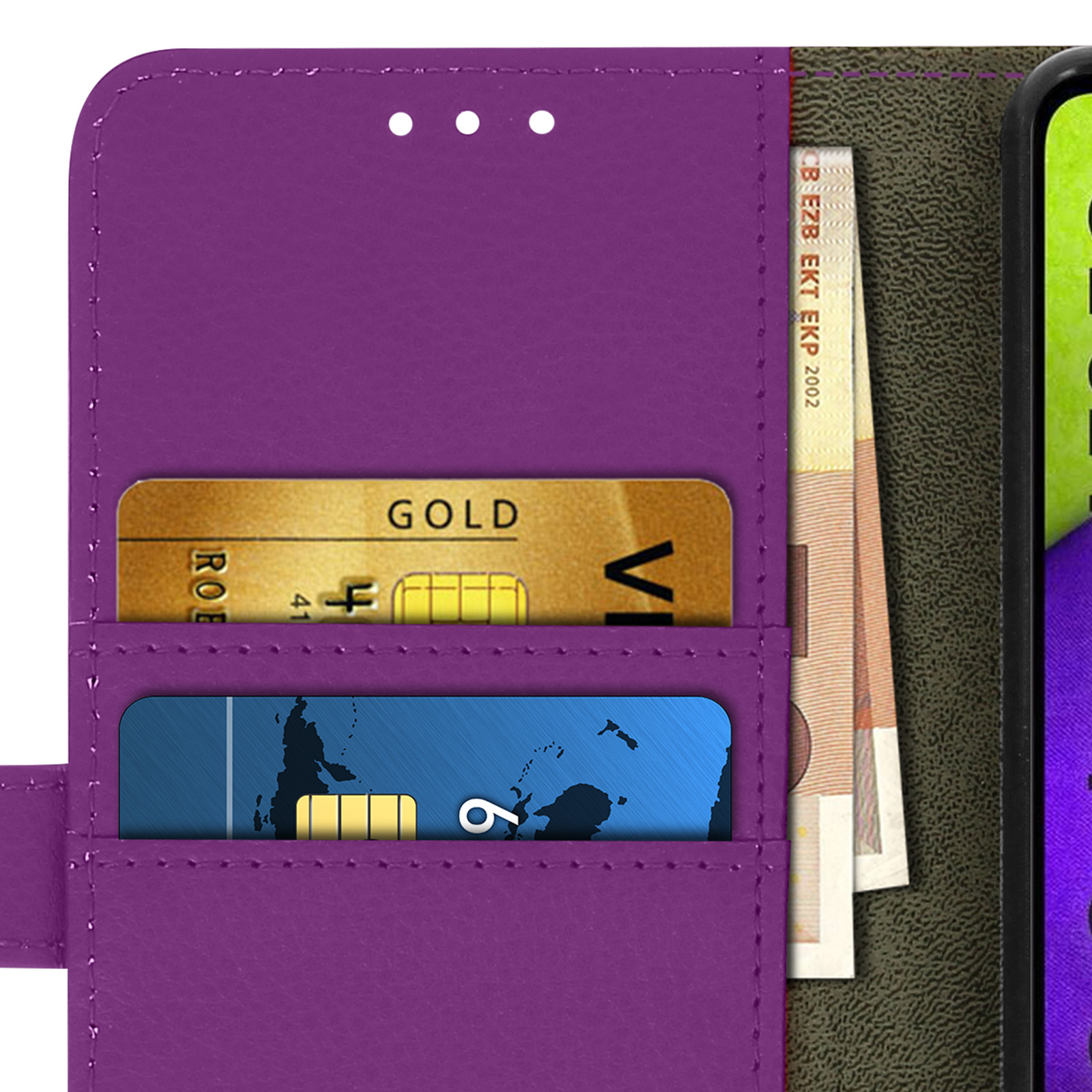 Custodia a portafoglio viola per telefono con fessure per carte, carta d'oro e banconote.