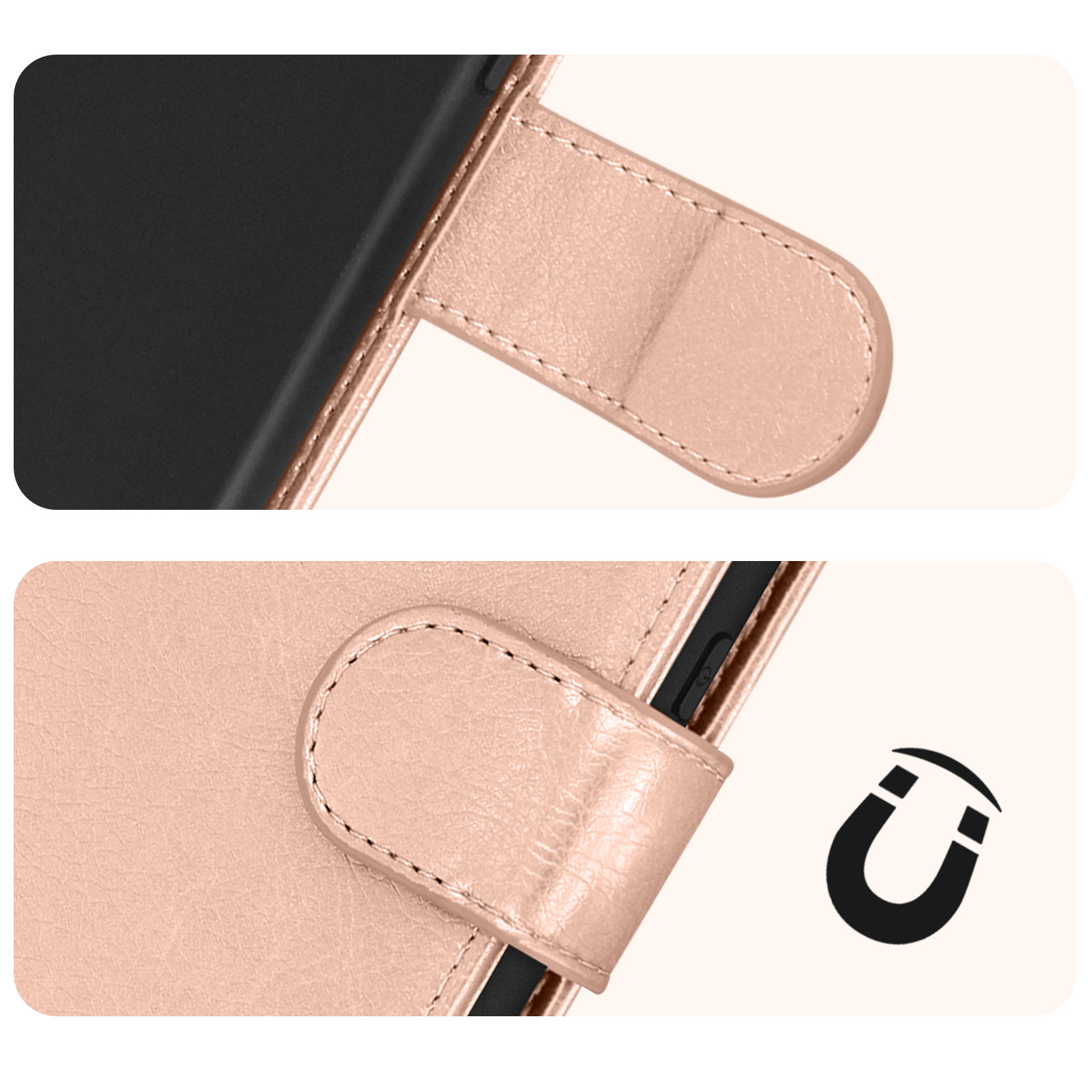 Close-up van een roségouden telefoonhoesje met magneetsluiting en een magneeticoon.
