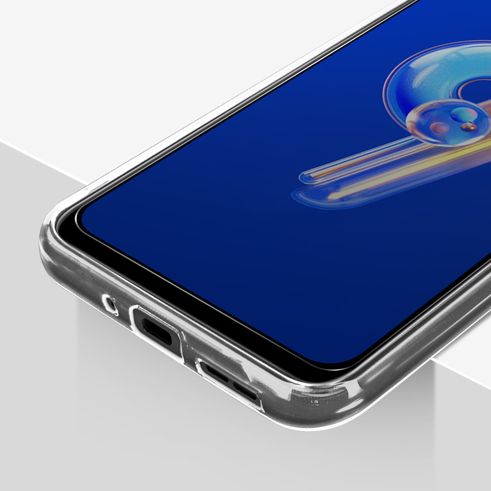 Een transparante telefoonhoes met een blauw schermachtergrond.