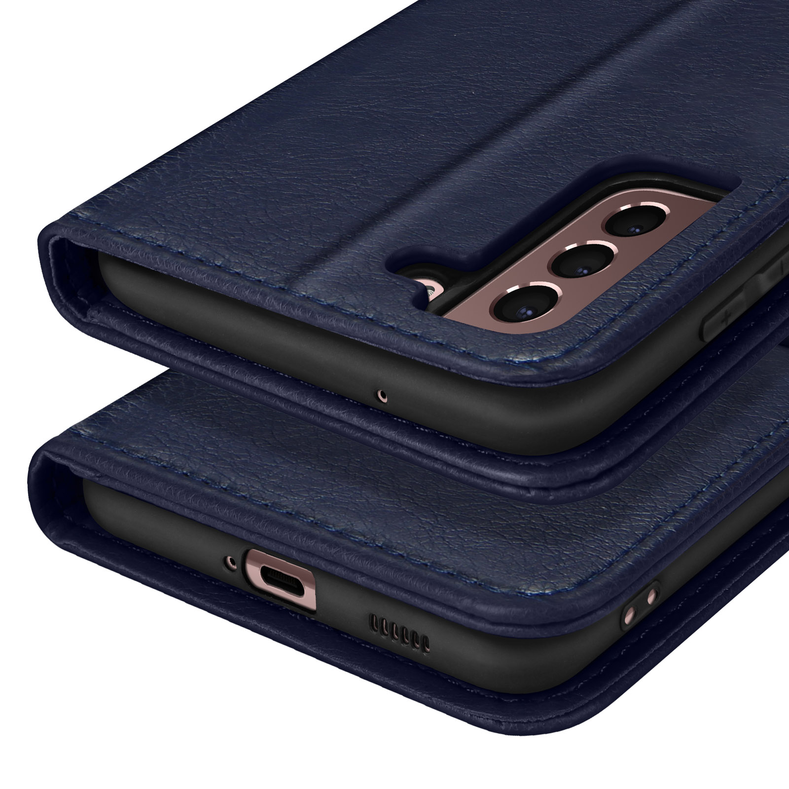 Étui de téléphone bleu foncé en cuir avec découpe caméra et port de charge.