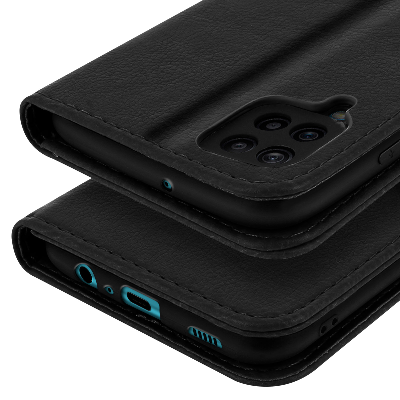 Étui à rabat en cuir noir pour smartphone, caméra arrière et ports visibles.