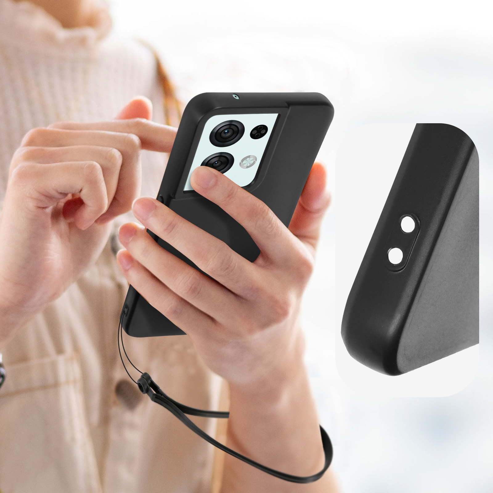 Handen houden een zwarte telefoon met cameramodule en koord.