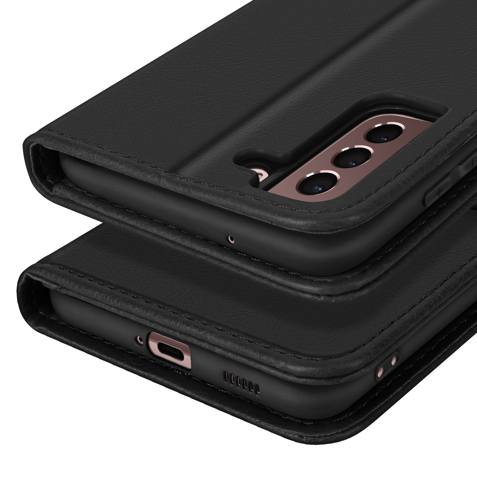 Étui de téléphone en cuir noir montrant des objectifs de caméra et un port de charge.