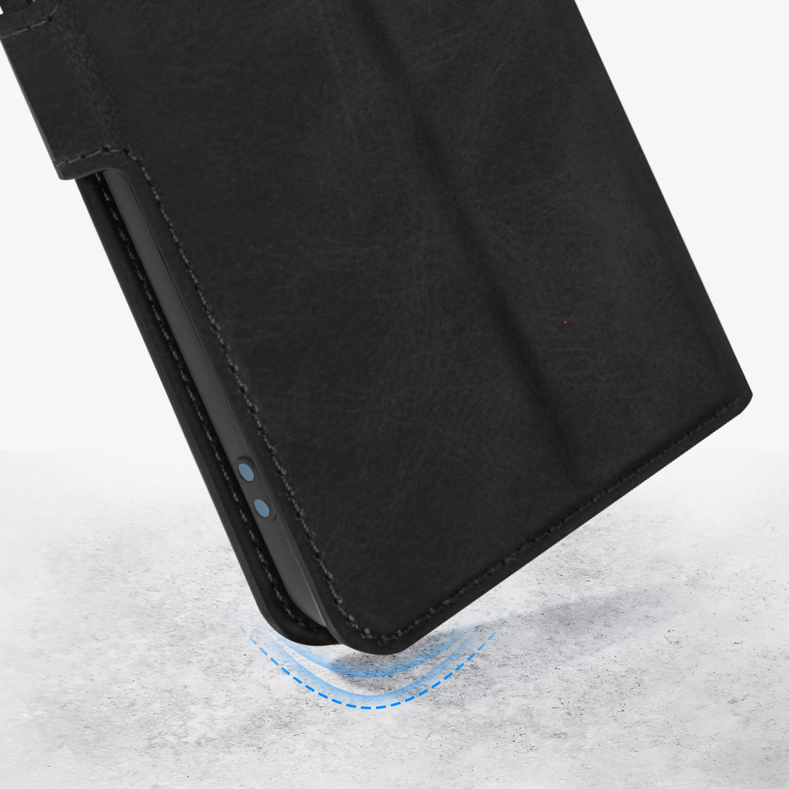 Étui de téléphone noir en cuir sur sol en béton. Des vagues bleues indiquent l'absorption des chocs.