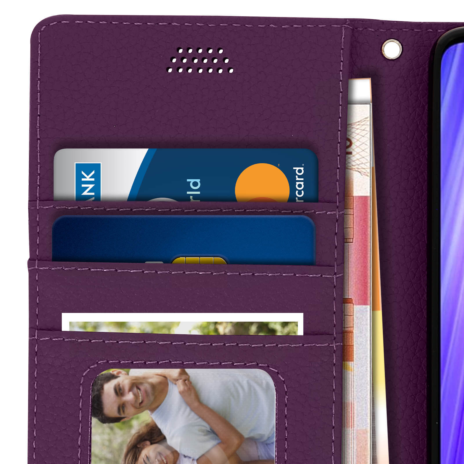 Paarse telefoonhoes met kaartsleuven, bankbiljetten en een foto.