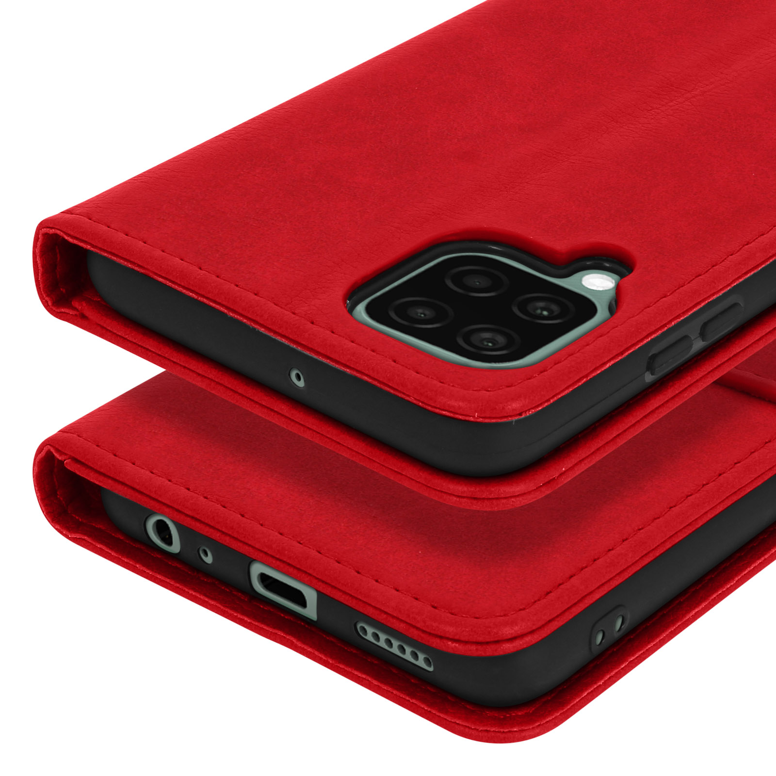 Étui de téléphone en cuir rouge avec découpe caméra et coutures.