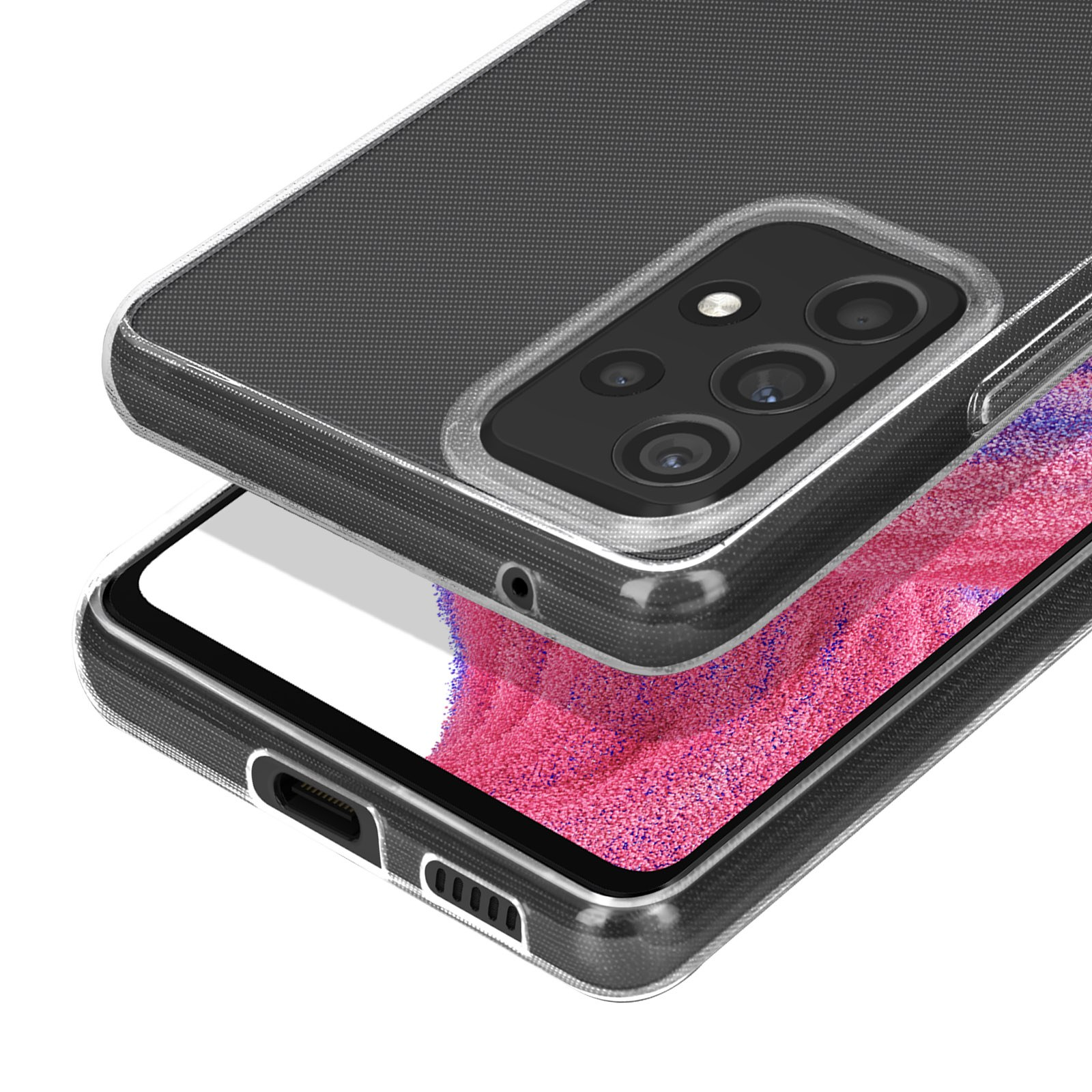 Une coque de téléphone transparente à motif noir, posée sur un téléphone à texture rose.