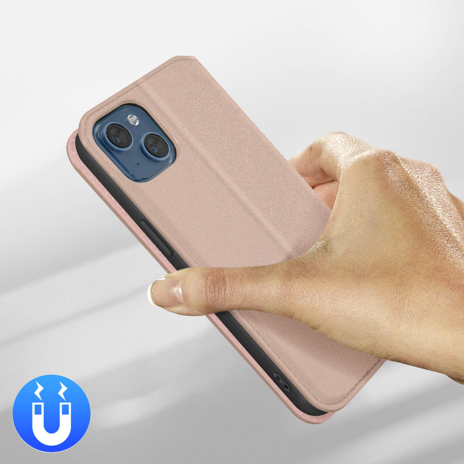 Een hand houdt een roze telefoonhoes vast met magneeticoon.