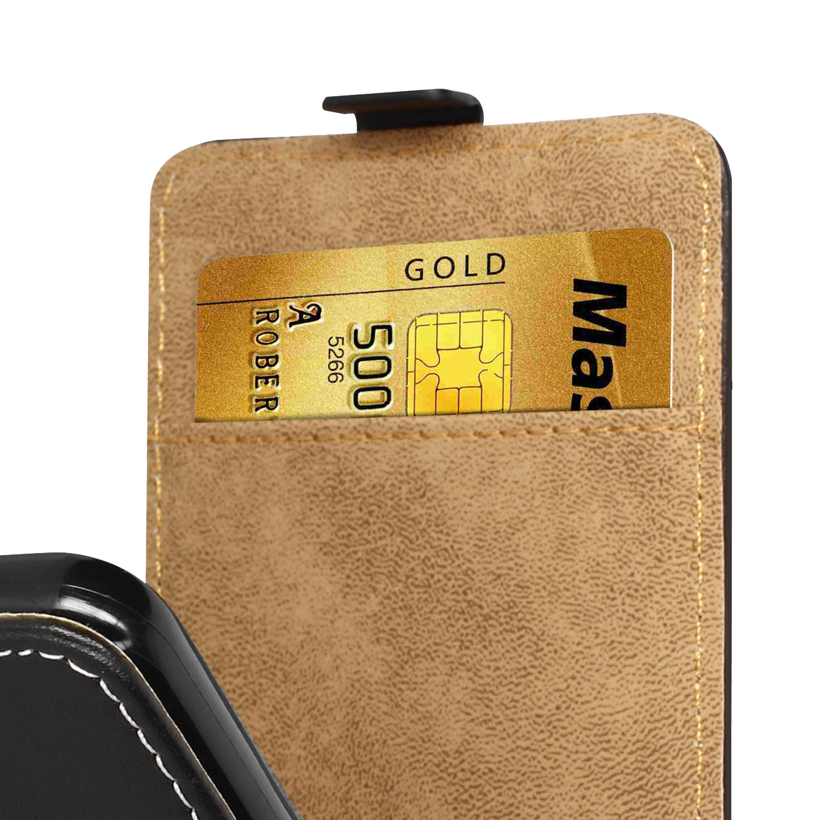 Gouden kaart met chip en "500" in een bruin hoesje.