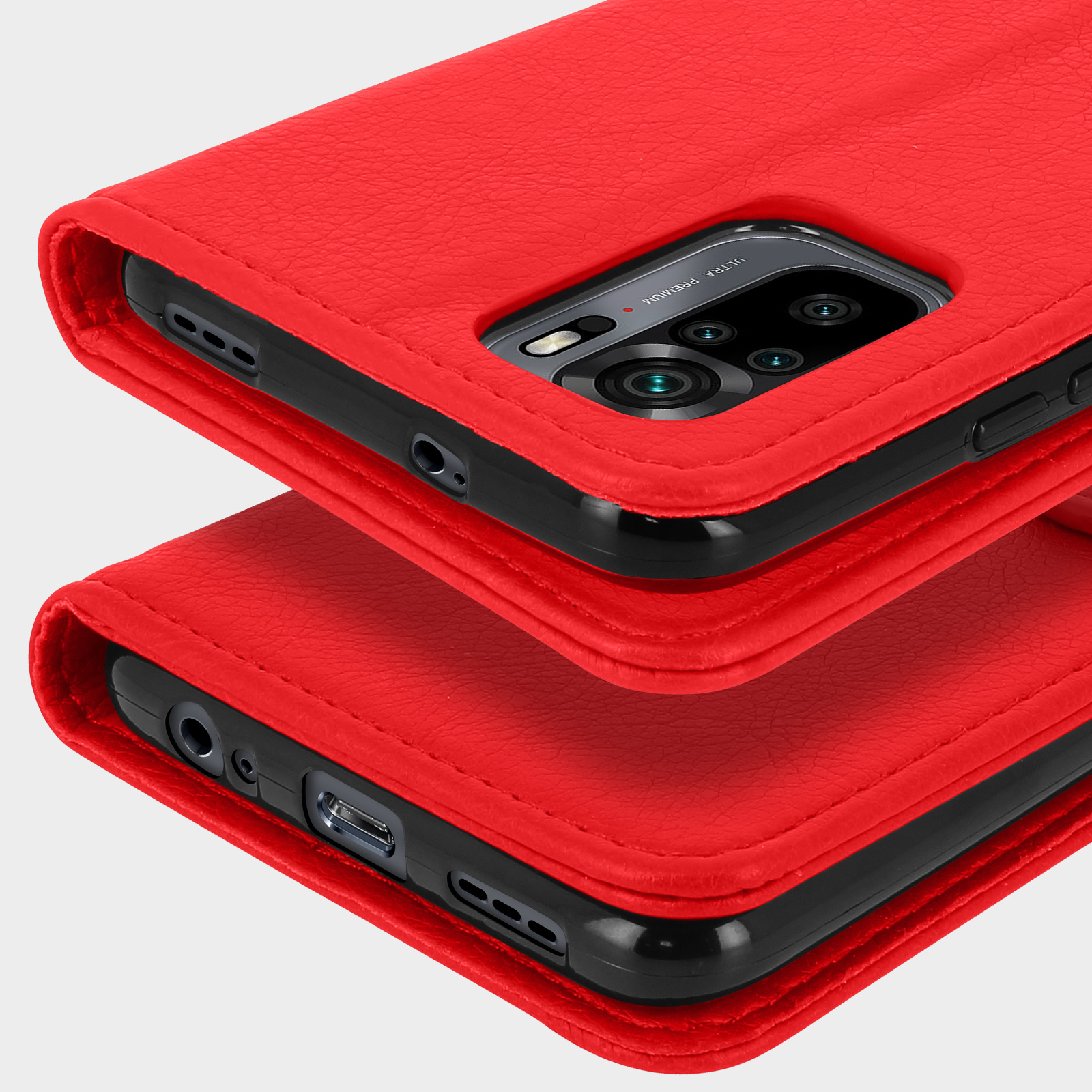Custodia rossa per telefono con fotocamera e porte visibili.