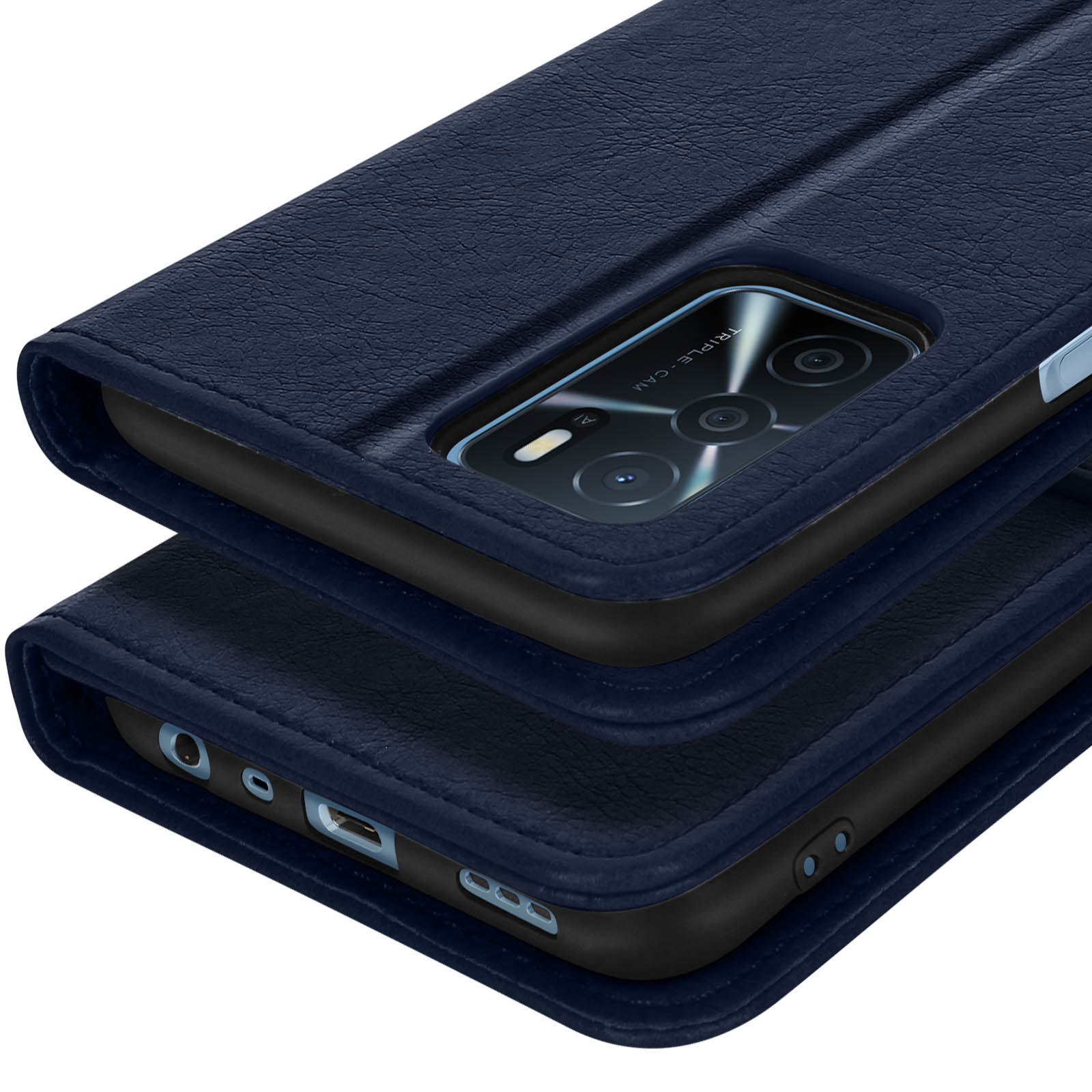 Étui de téléphone bleu marine en similicuir, montrant caméras et ports.