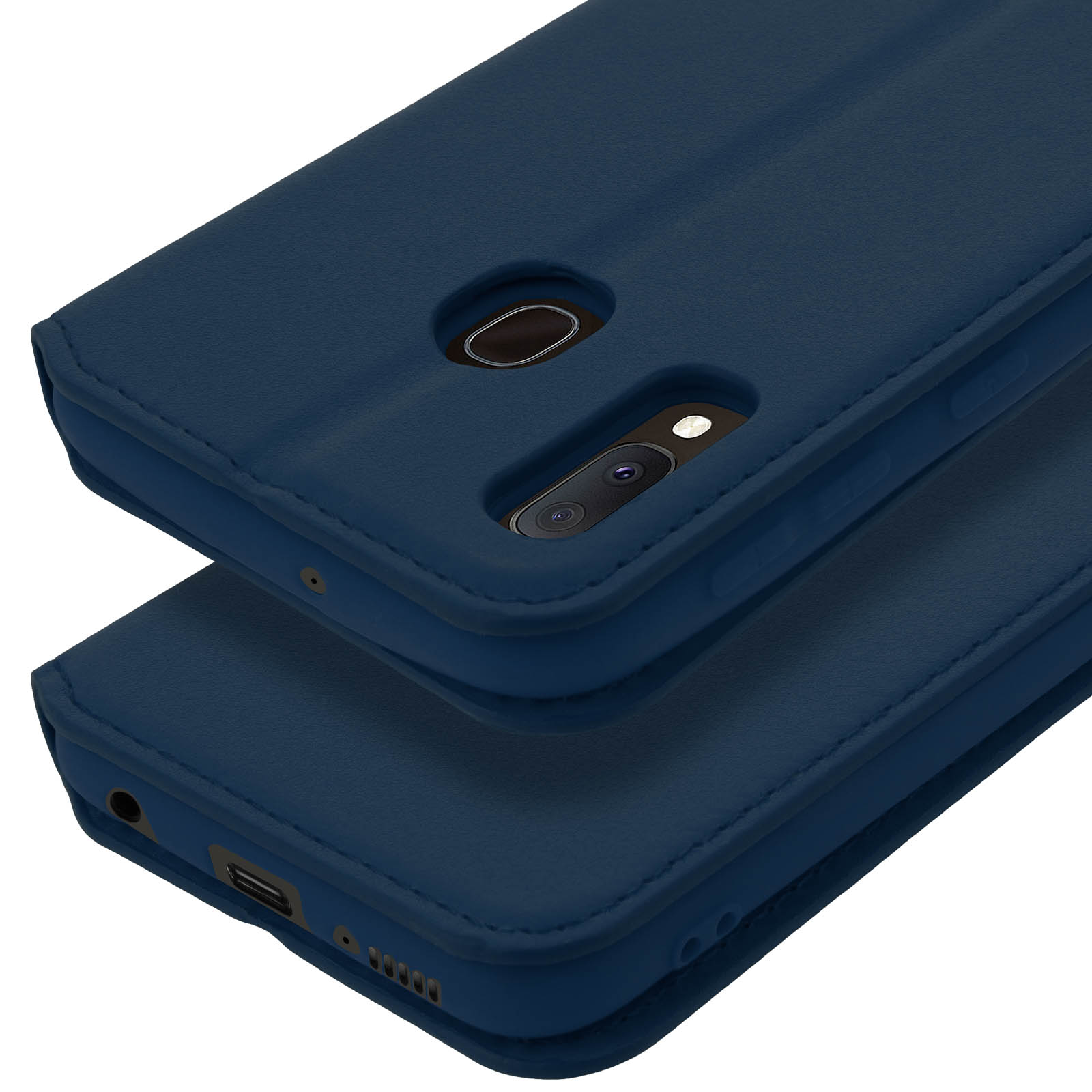 Twee marineblauwe leren telefoonhoesjes op elkaar. Eén hoesje toont camera en vingerafdruk.