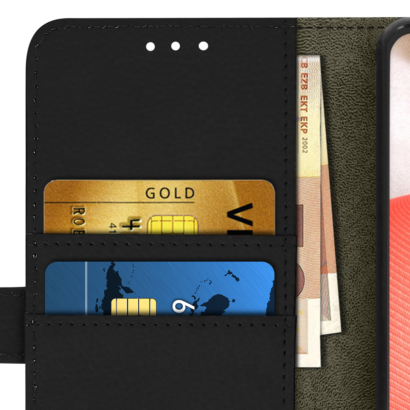 Un portafoglio nero con carta oro e banconote.
