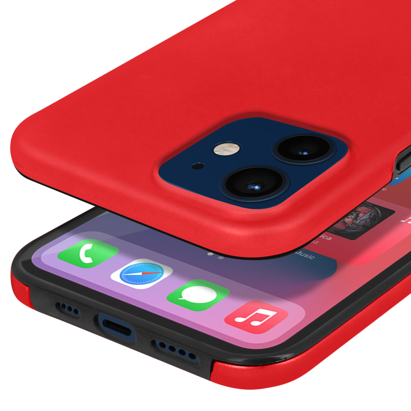 Rode telefoonhoes over een smartphone met apps zoals Telefoon, Safari en Muziek.