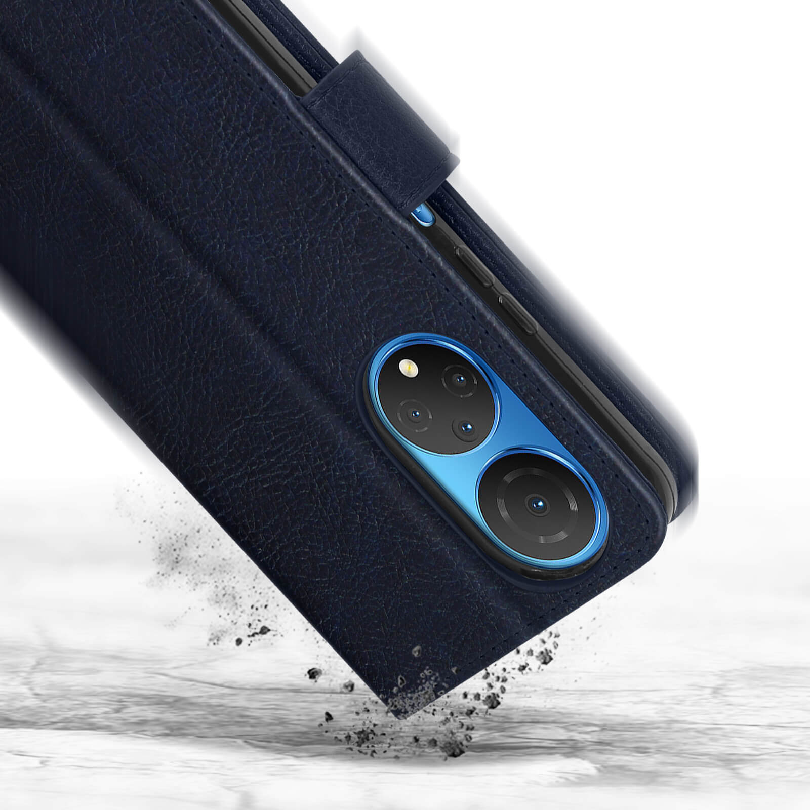 Étui de téléphone bleu marine avec appareil photo et projection de poussière.