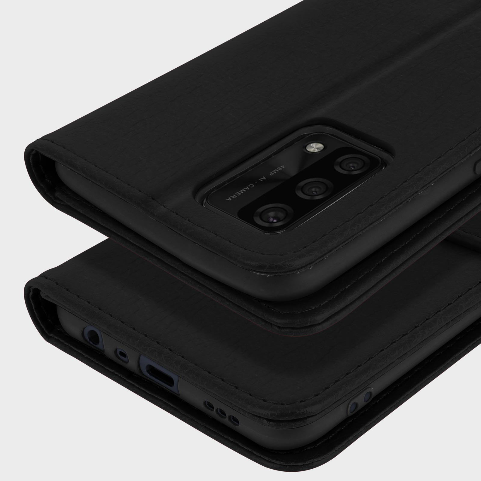 Étui de téléphone noir type portefeuille, caméra 48MP visible au dos.
