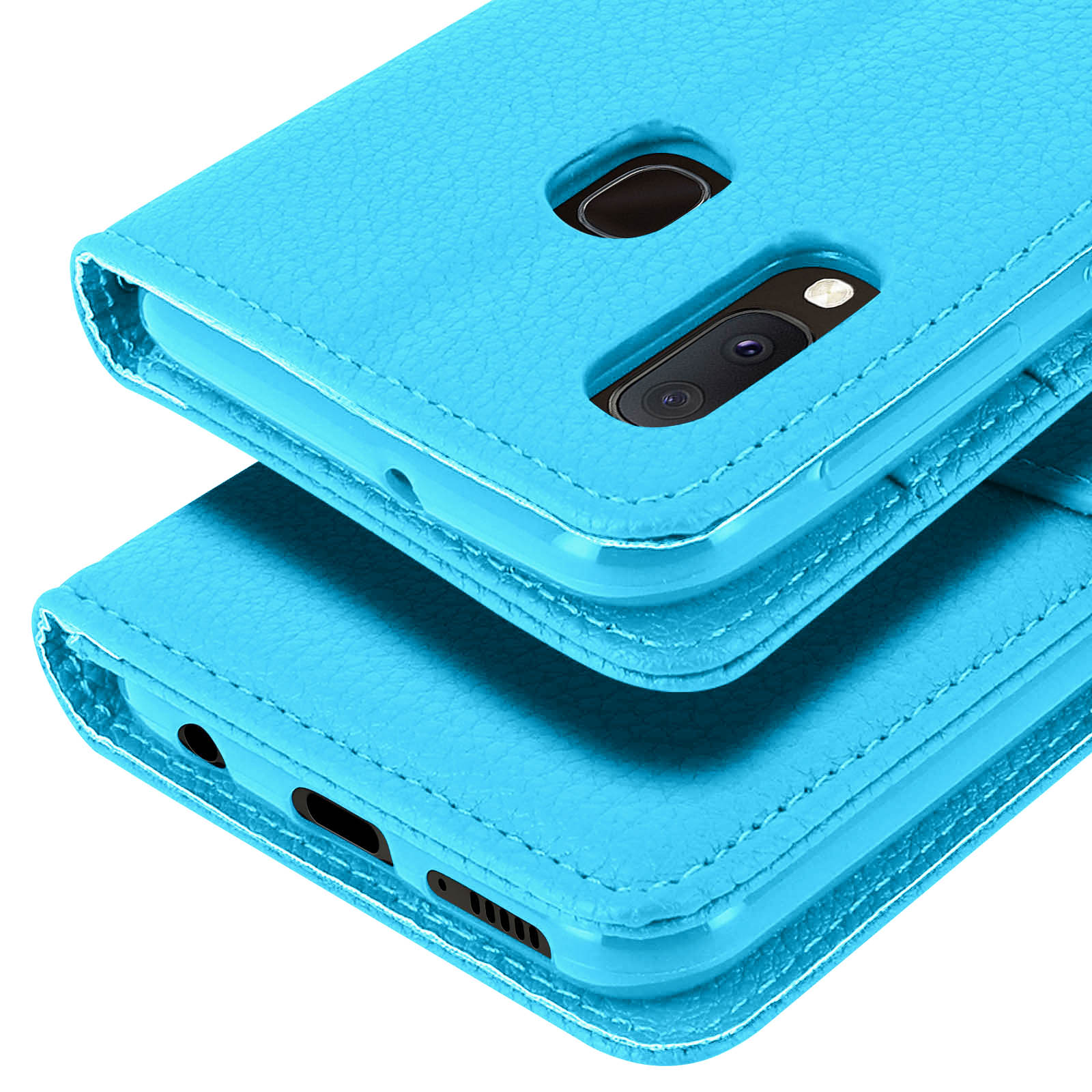 Une housse de téléphone à rabat en cuir bleu vif avec découpes pour appareil photo et flash.